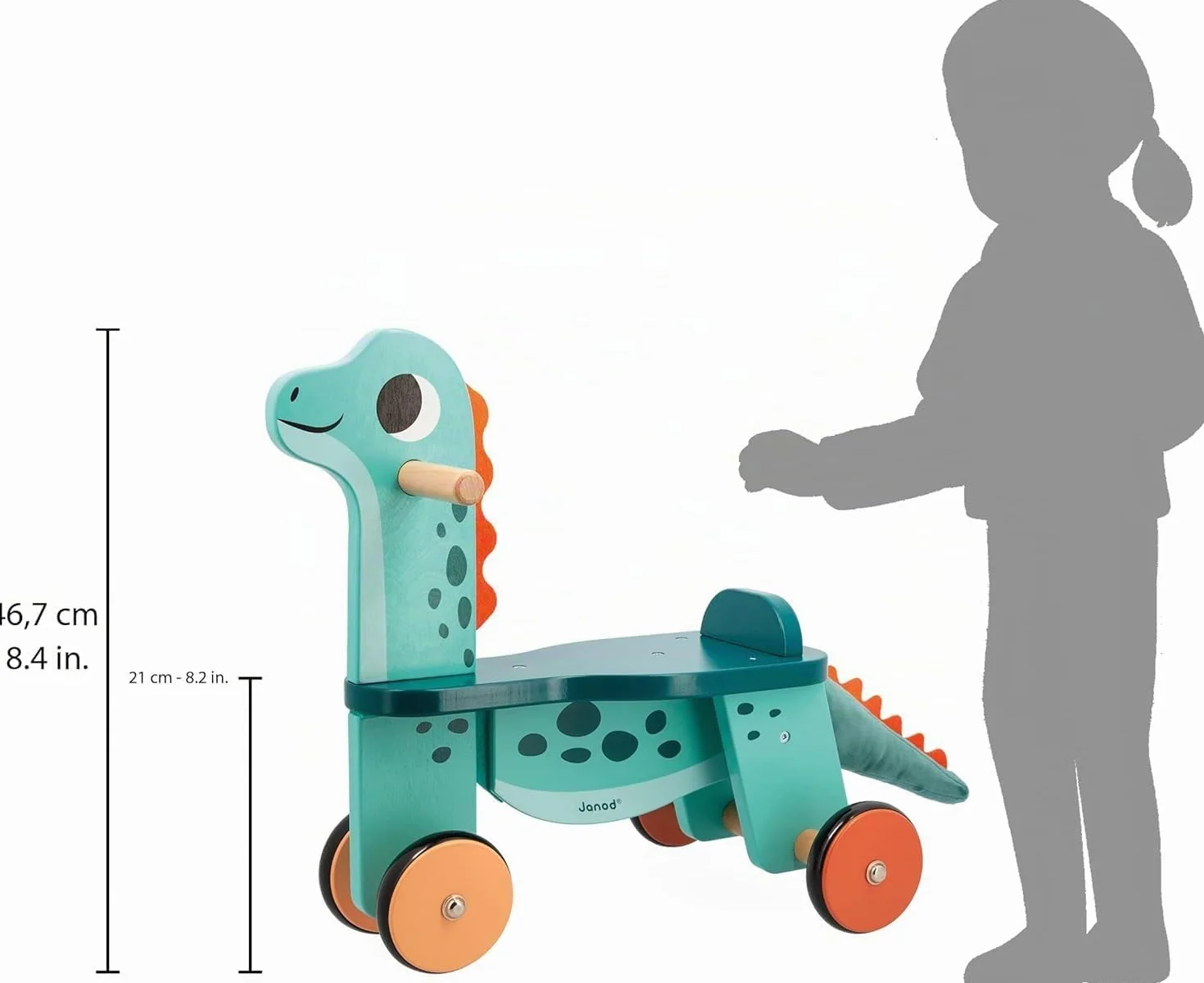Janod Cavalcabile Dinosauro Portosauro Altezza Sedile 21 cm Coda Peluche Removibile Giocattolo Multisensoriale Legno FSC dai 12 Mesi