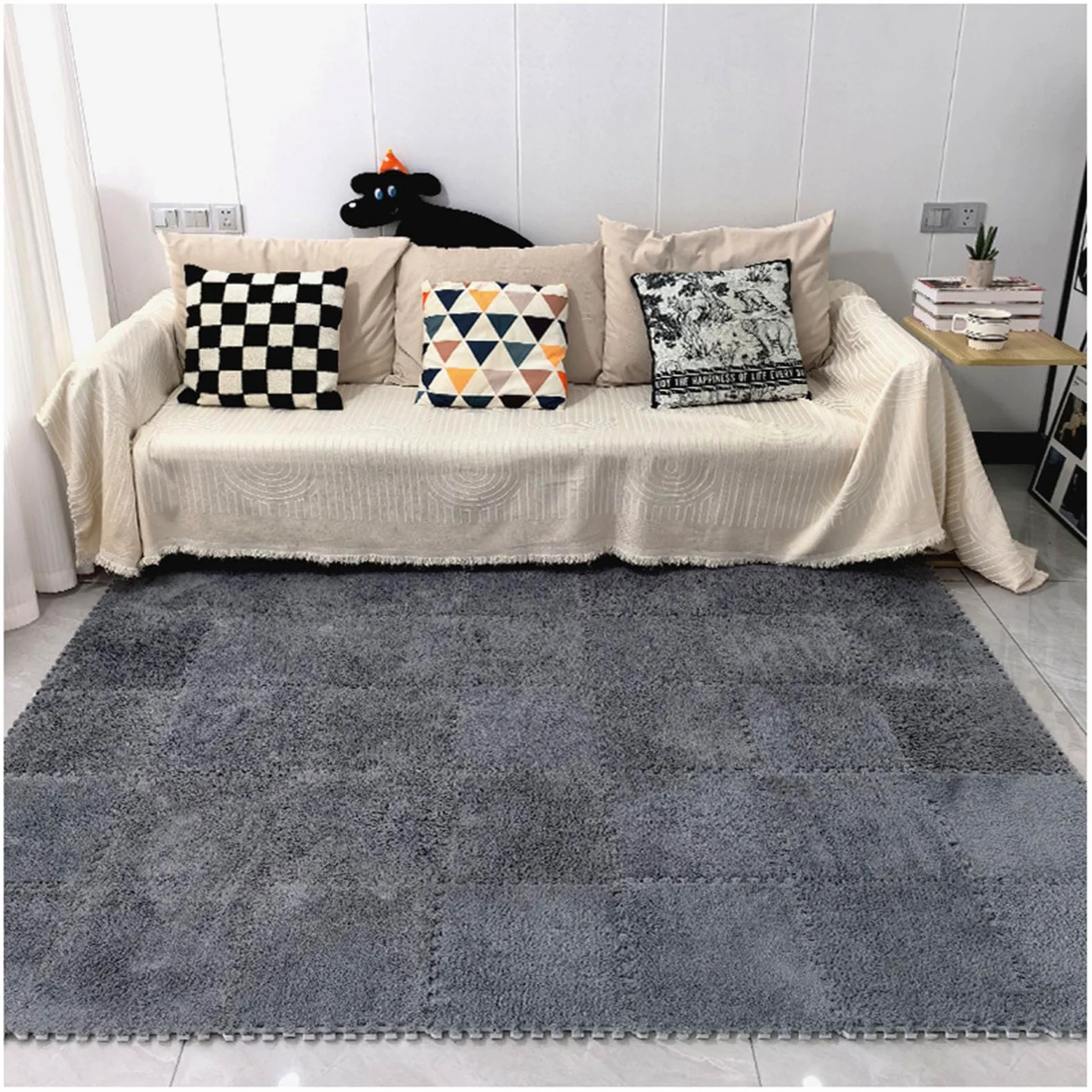 Splice Interlocking Carpet 10 Pezzi Tappetino da Pavimento Quadrato ad Incastro, Tappetino da Pavimento in Schiuma di Puzzle di Peluche, Tappeto soffice, Tappeto Morbido,Grey-One Size