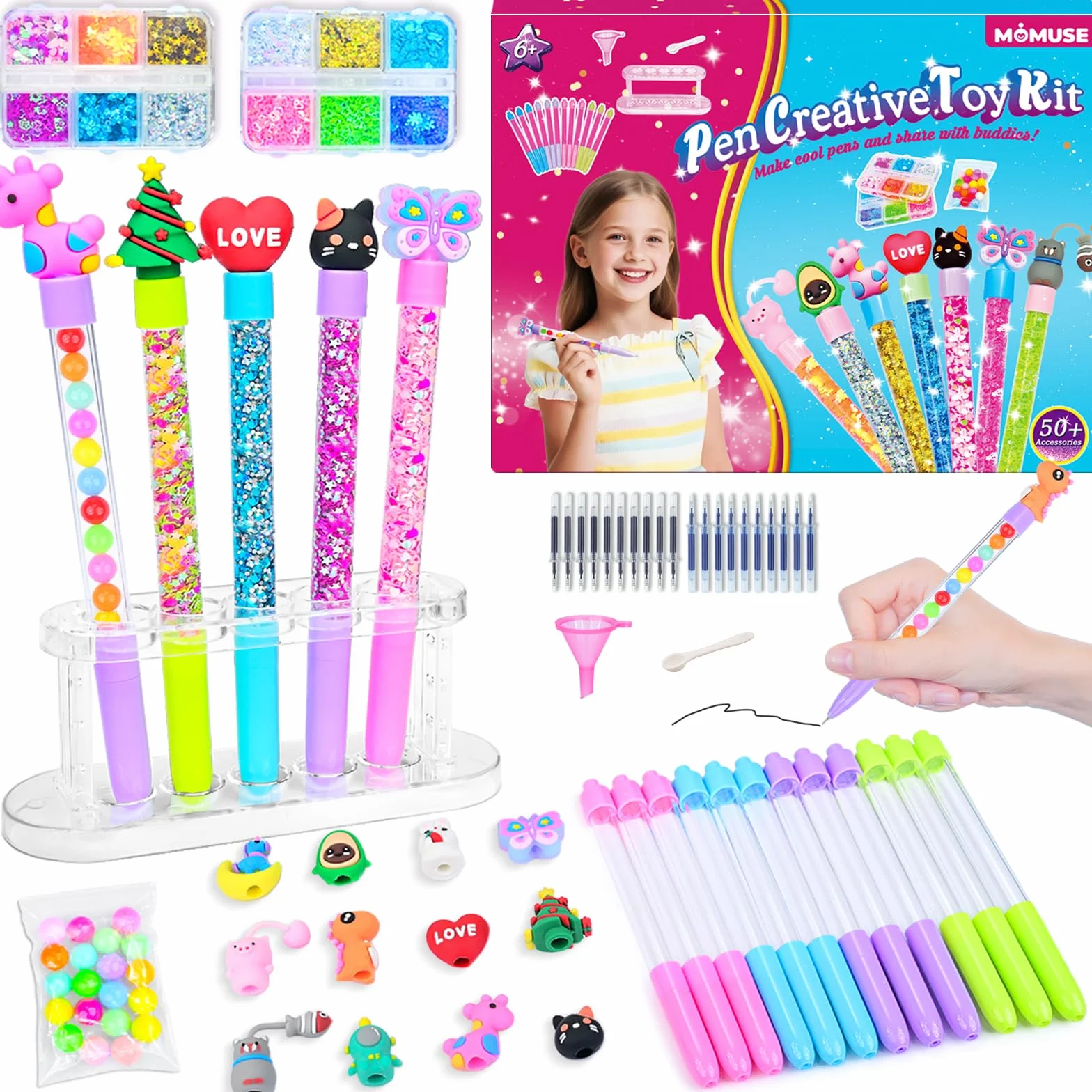 MOMUSE Kit Creativo Penne 50 Accessori, Fabbrica Penne per Bambini 6-10 Anni, Idee Regalo