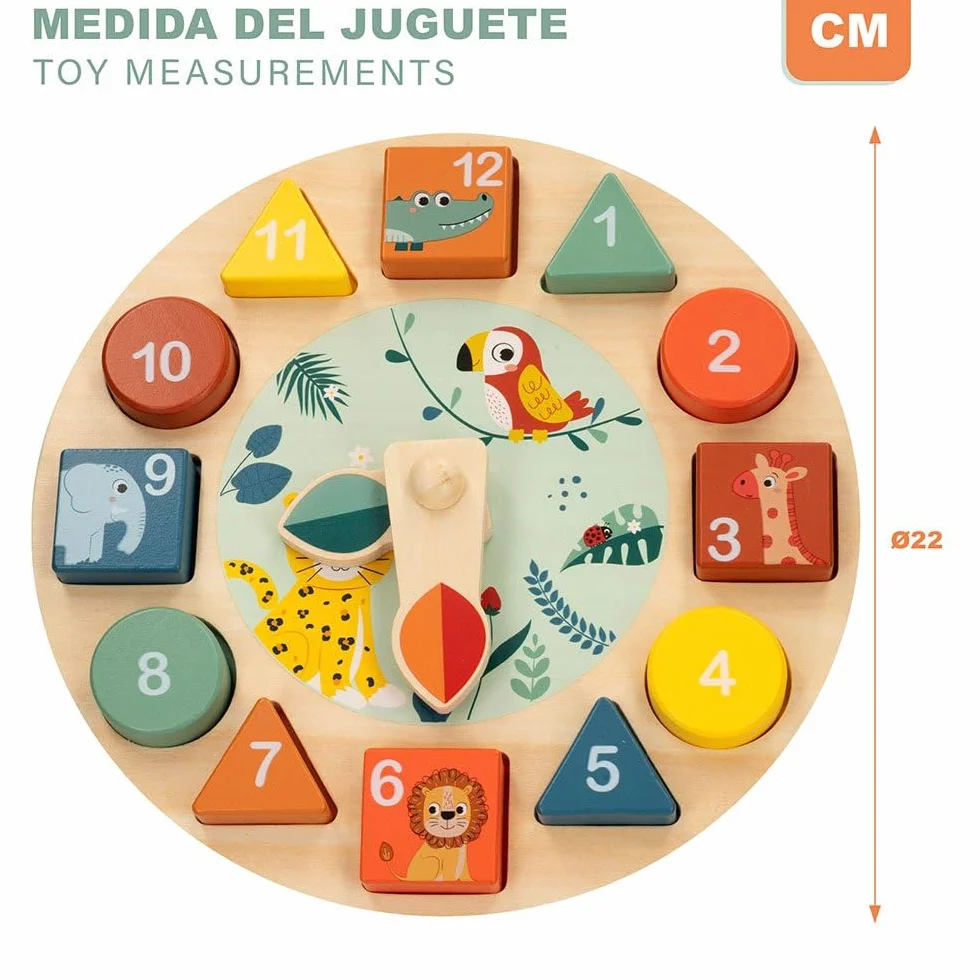 WOOMAX - Orologio in Legno Giocattolo, Zookabee, Diametro 22 cm, Animali Selvatici, Orologi educativi, Incassabili, Design Giungla, Gioco educativo, Giocattoli Bambini 3 Anni, Orologi educativi, FSC