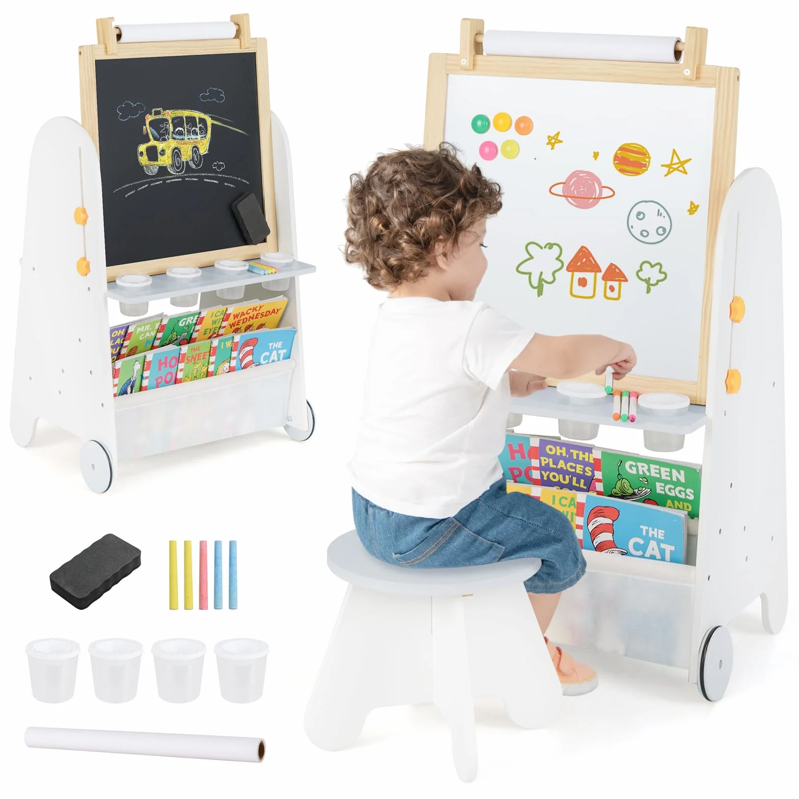 COSTWAY Cavalletto Lavagna per Bambini con Sgabello e Tavolo 4 in 1, Lavagna Magnetica Regolabile in Altezza con Rotolo di Carta e 4 Tazze di Vernice, Cavalletto a Ruote con Gessi e Cancellino