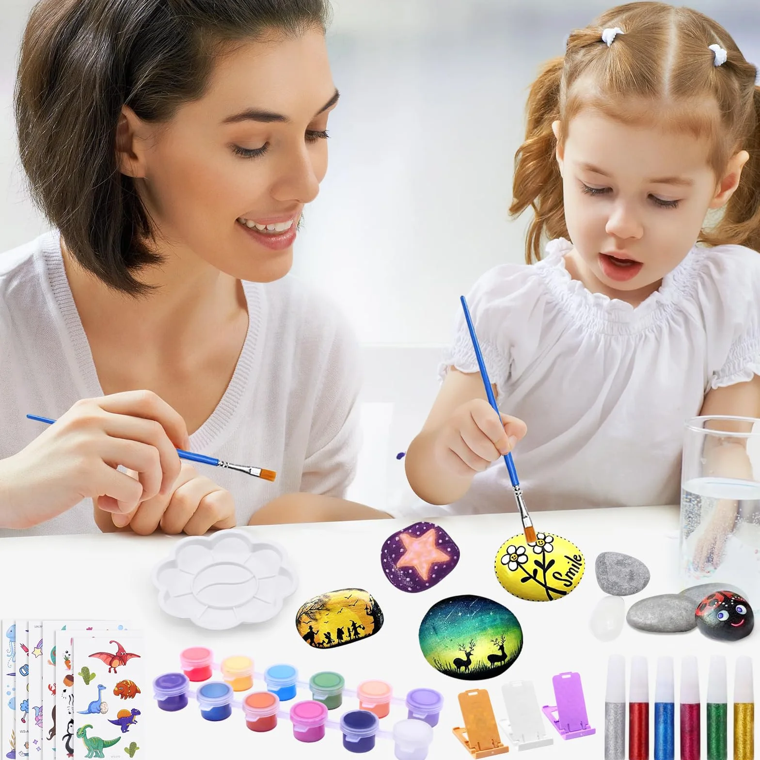 YESLUSY Kit Creativi Pittura di Pietra per Bambini 18 Pigmenti Colori Accessori 3-10 Anni