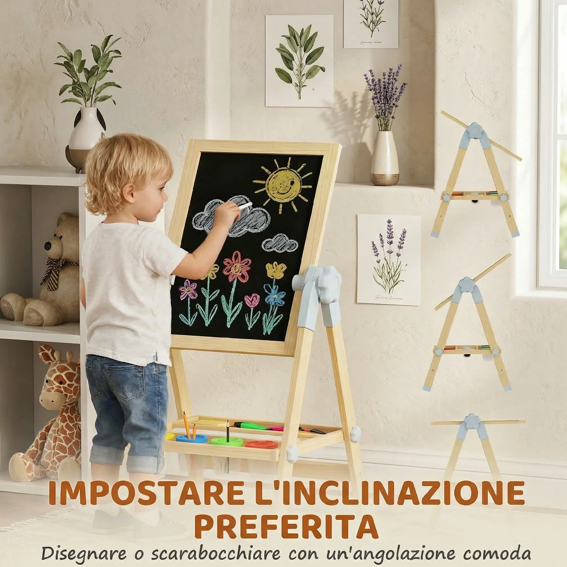 AIYAPLAY Cavalletto da Disegno per Bambini con Lavagna Doppia Magnetica, Vassoio Portamatite, Rotolo Carta Incluso, Legno Naturale
