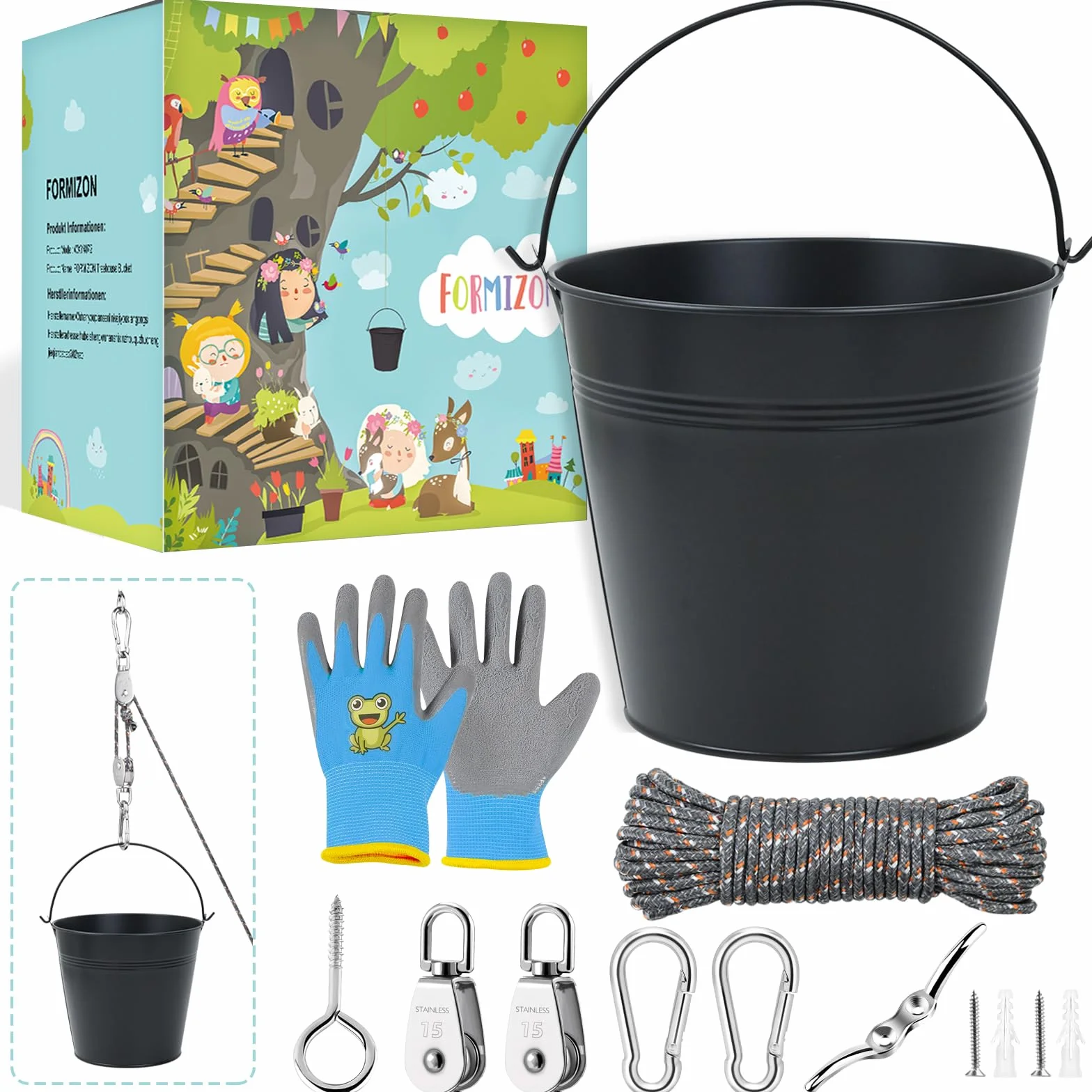 FORMIZON Puleggia per bambini, puleggia con secchio in metallo, sistema puleggia per bambini e secchio pieghevole, accessori per capanna in alberi e torre di gioco, giocattoli da giardino per bambini