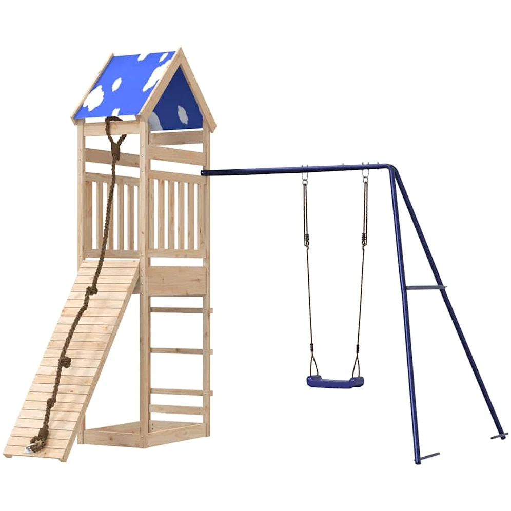 Torre da gioco in legno di pino massiccio con piattaforma da 118 cm, rampa da arrampicata, altalena e sabbiera, stabile struttura a forma di A per il giardino, con tetto a nuvola e ringhiera di