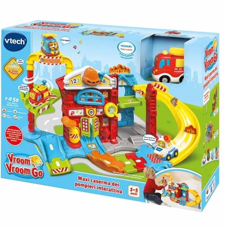 VTech Vroom Vroom Go - Maxi Caserma dei Pompieri Interattiva, Pista Macchinine con Ascensore e Rampa, Incluso 1 Veicolo, 4 Zone Magiche, Lingua Italiana, Batterie Incluse, 1-5 Anni