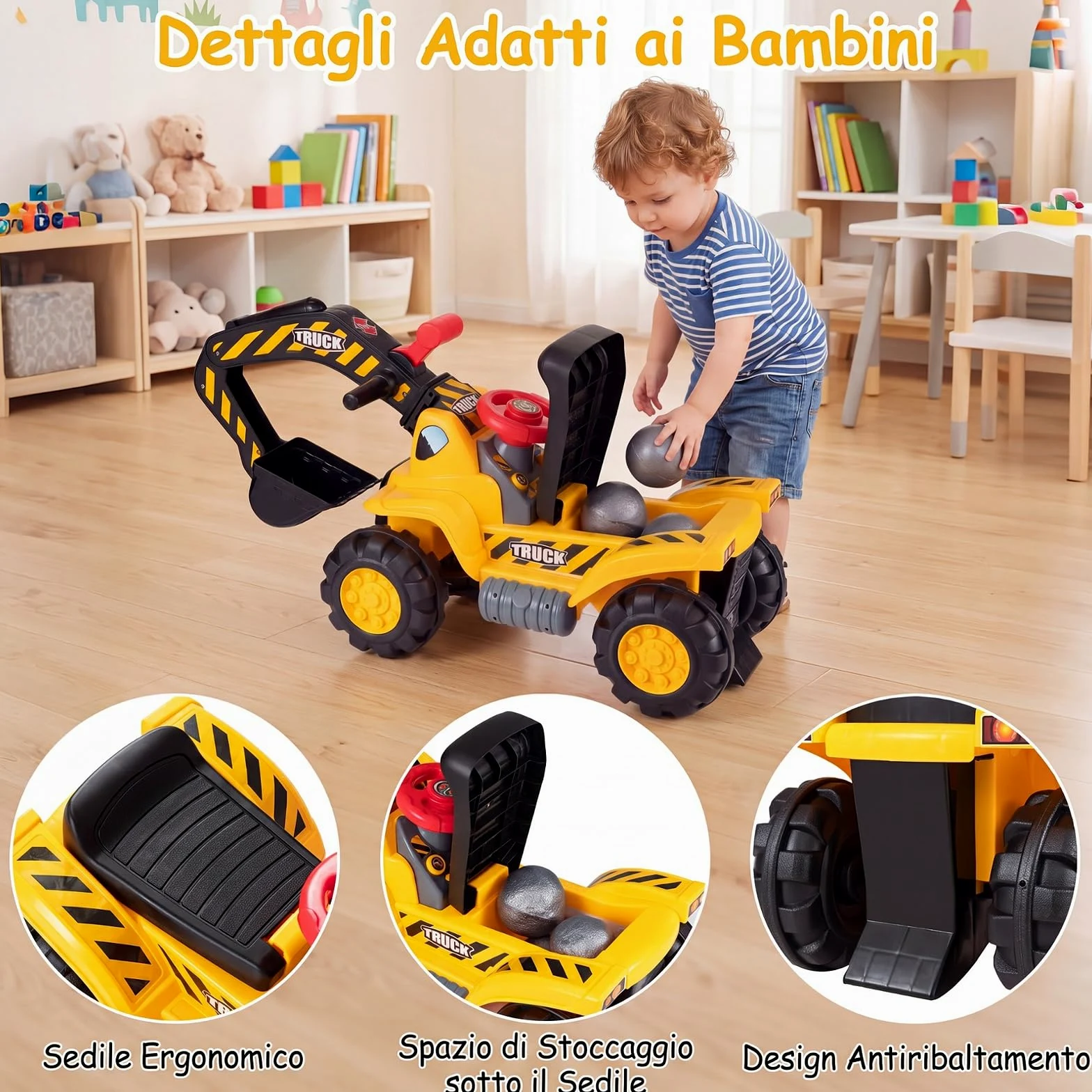 COSTWAY 3 in 1 Escavatore Cavalcabile per Bambini 2+ Anni, Carico 25 kg | Ruspa Giocattolo per Bambini con Suoni Realistici, Seduta con Vano Portaoggetti, Pietre, Casco e Gilet, per Casa Asilo