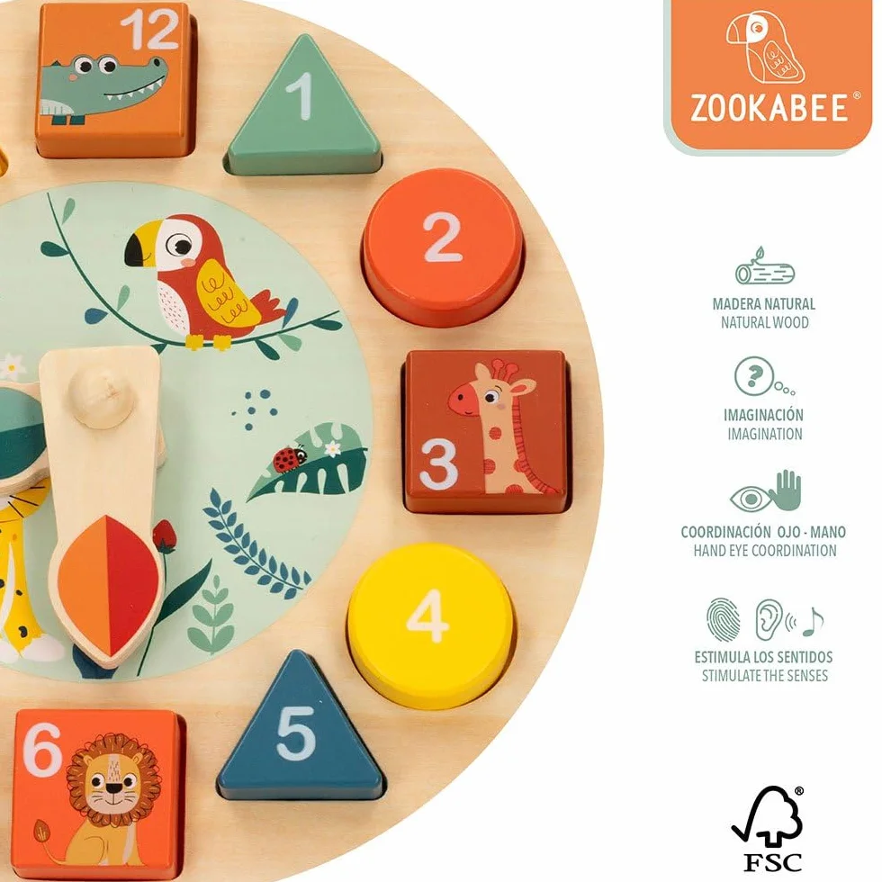WOOMAX - Orologio in Legno Giocattolo, Zookabee, Diametro 22 cm, Animali Selvatici, Orologi educativi, Incassabili, Design Giungla, Gioco educativo, Giocattoli Bambini 3 Anni, Orologi educativi, FSC