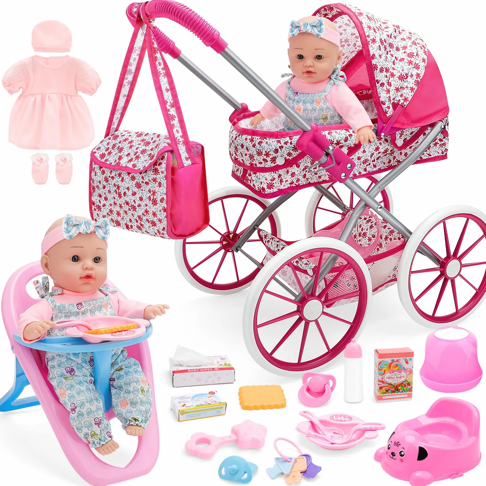 deAO Carrozzina Bambole con Bambola 30 cm, Seggiolone e Accessori Passeggino Giocattolo per Bambina dai 3 Anni, con Cestino Portaoggetti e Borsa Giocattolo Educativo per Bambina 3+ Anni