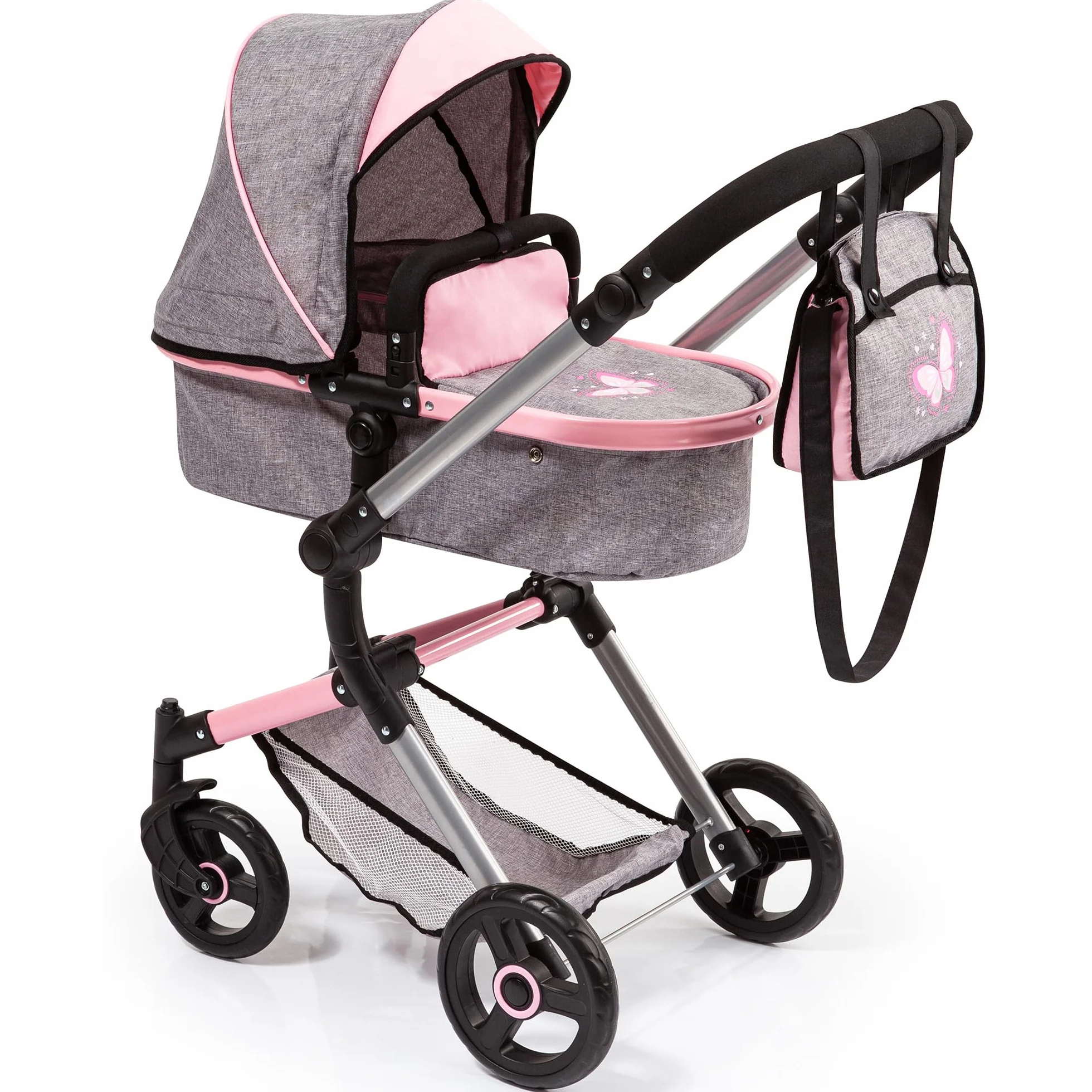 Bayer Design- Passeggino Neo Vario, Carrozzina per Bambole, Regolabile in Altezza, con Cesto e Borsa fasciatoio, Colore Grigio, Rosa, Farfalla, 18433AA