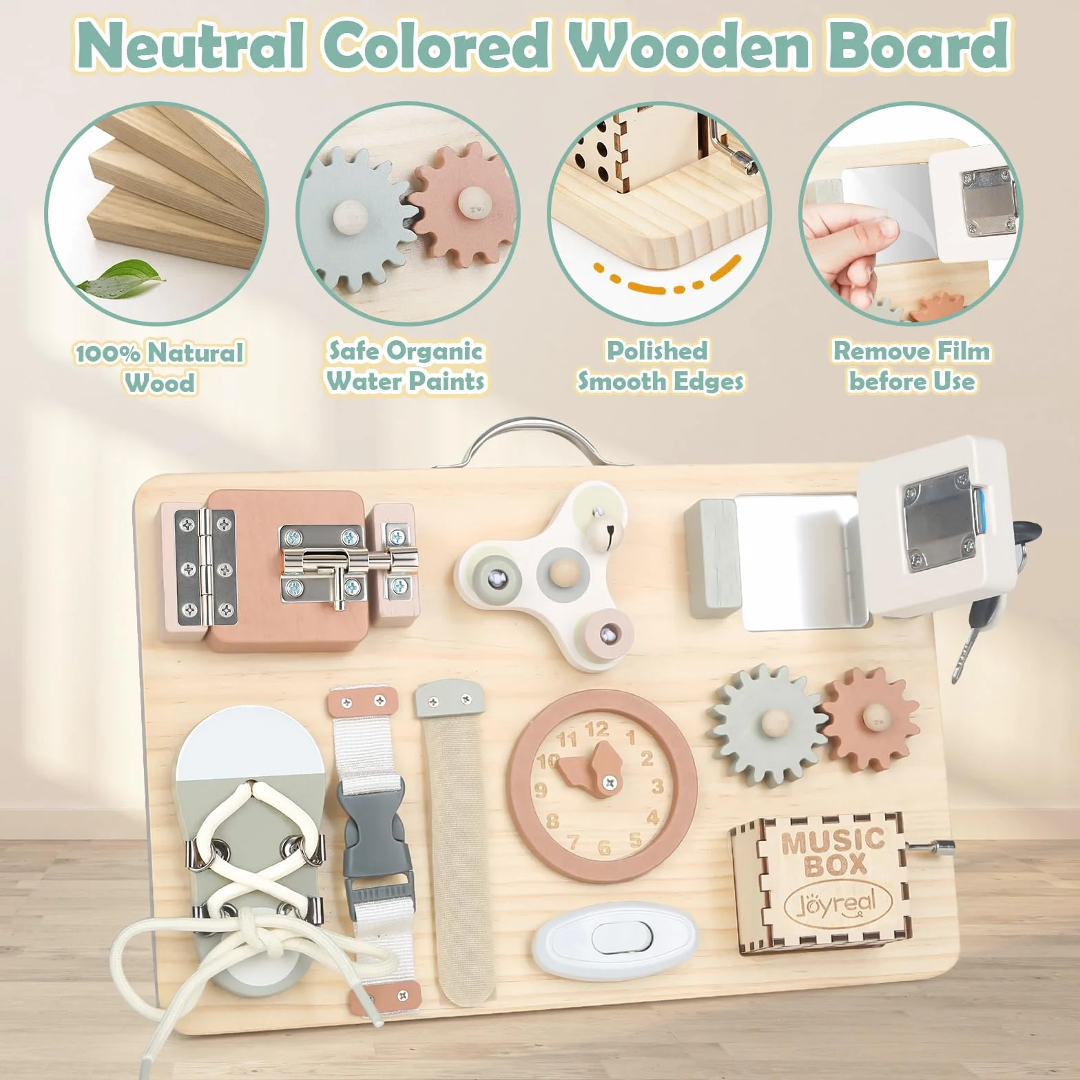 Joyreal Pannello Sensoriale Montessori Legno Busy Board con Carillon Specchio Neonati Giochi Educativi