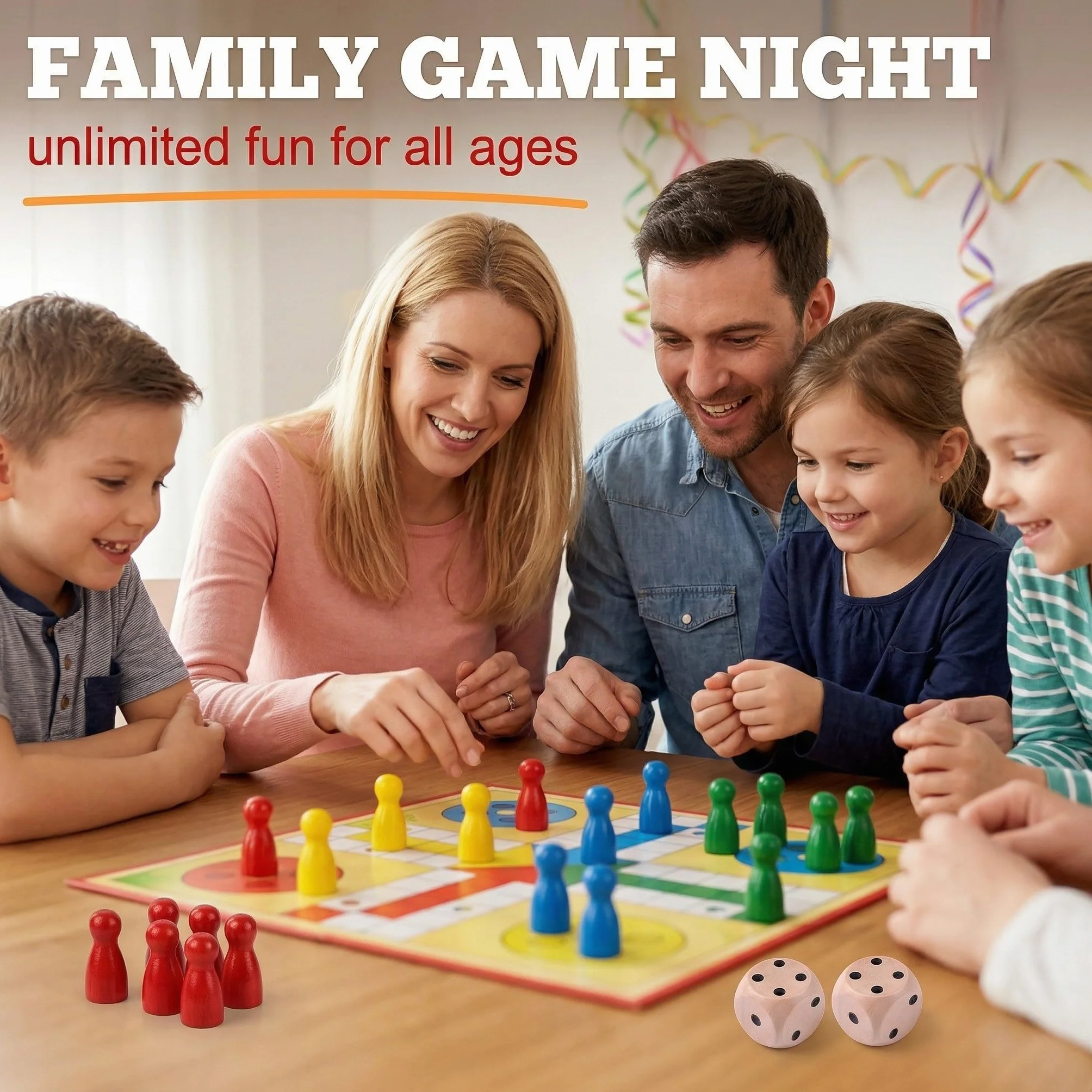 48PCS Pedine Gioco da Tavolo + 6PCS Dadi Dadi da Gioco in legno, Set di Pedine Colorate Personaggi Cono in Legno per Giochi Tavolo, Adatto ai bambini, Dadi da Gioco 14 mm