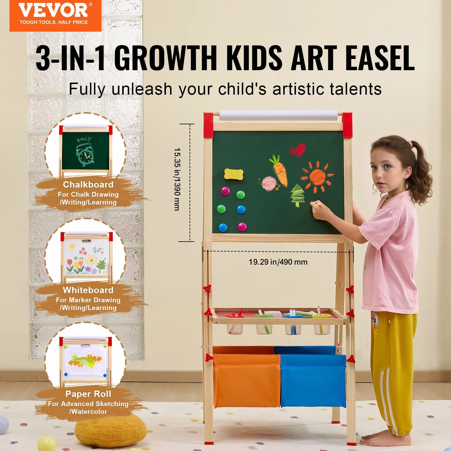 VEVOR Cavalletto da Arte per Bambini 3 in 1, Legno Doppia Faccia con Lavagna Magnetica e Rotolo di Carta, Tavolo da Disegno Regolabile