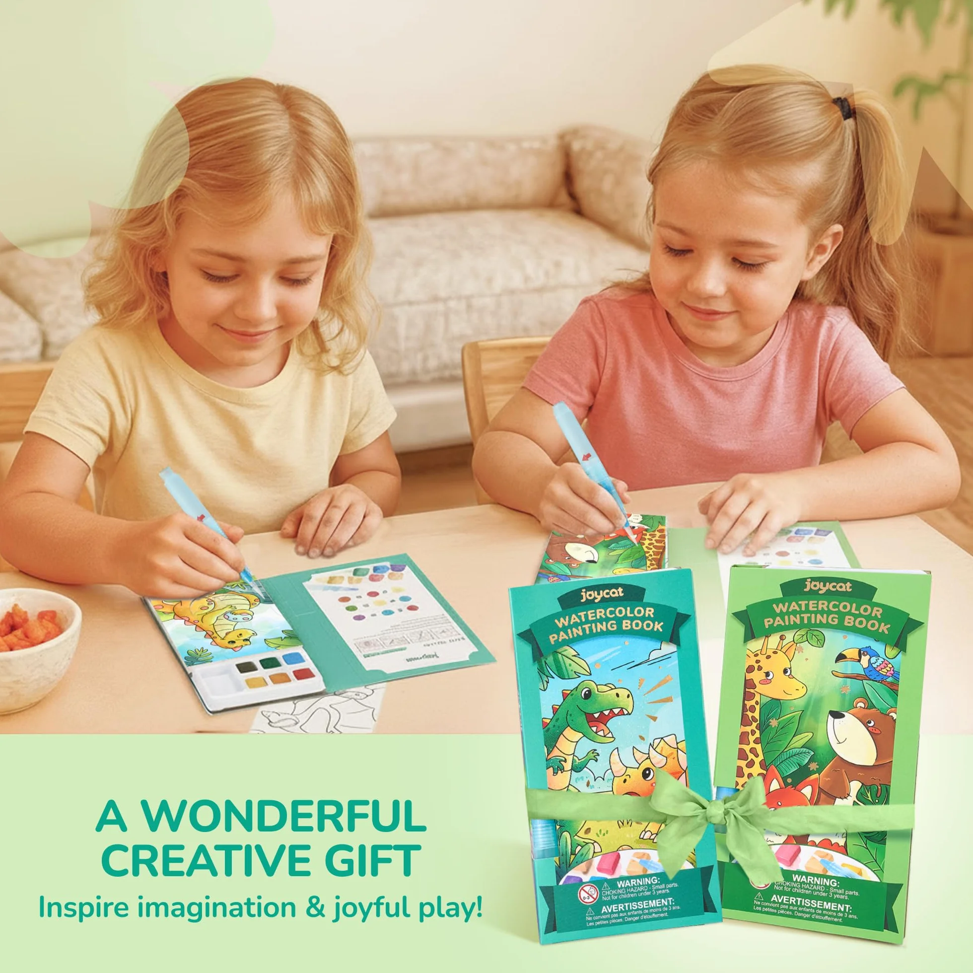 JoyCat Set 2 Libri da Colorare con Acquerelli per Bambini, Kit Creativo da Viaggio e Casa, Regali 3-8 Anni (Verde Chiaro & Verde)