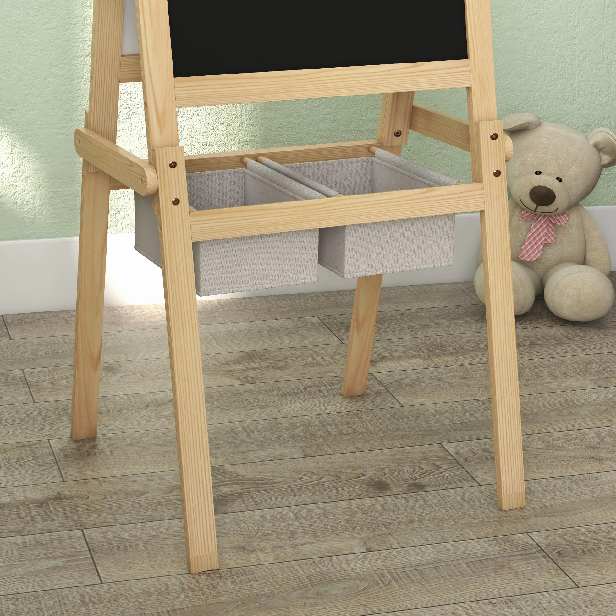 AIYAPLAY Lavagna per Bambini 3 in 1 Multiattività con Due Cestini, Cavalletto Artistico in Legno 58x50.5x109cm