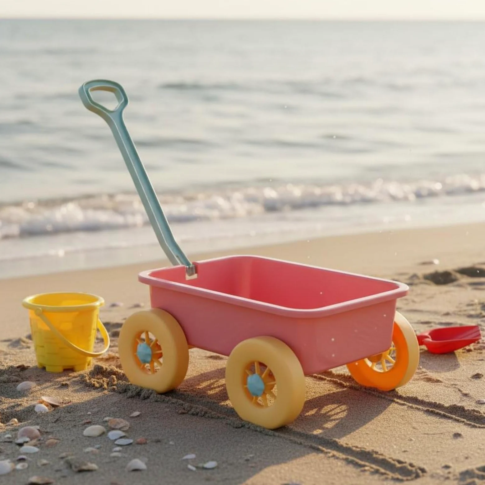 Carretto Giocattolo con Secchio Accessori Multipli Kit Giochi Spiaggia Portatile Set Sabbia Bambini per Sandpit, Piscina, Rosa Ciliegia