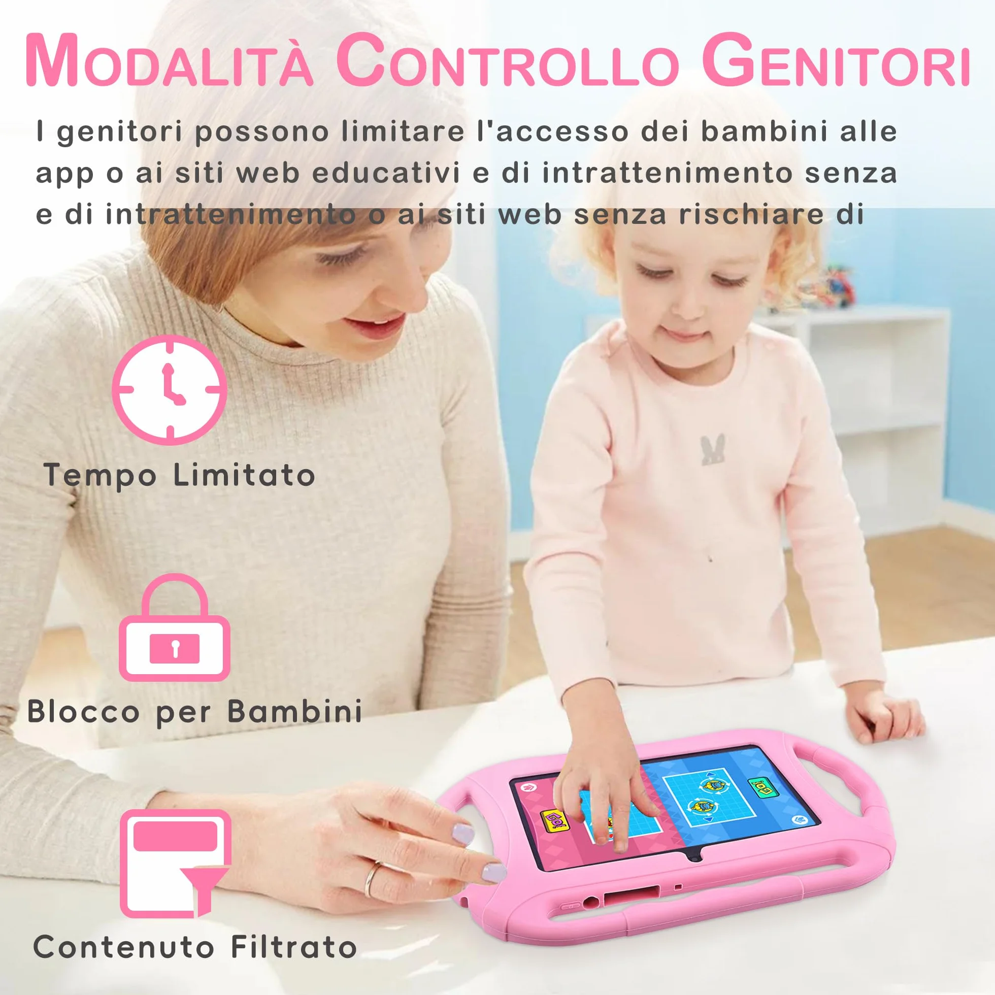 Veidoo Tablet per bambini da 7 pollici, tablet Android, 2GB RAM 32GB ROM, WiFi, schermo HD, applicazioni preinstallate con controllo parentale, giochi, tablet educativo, Rosa