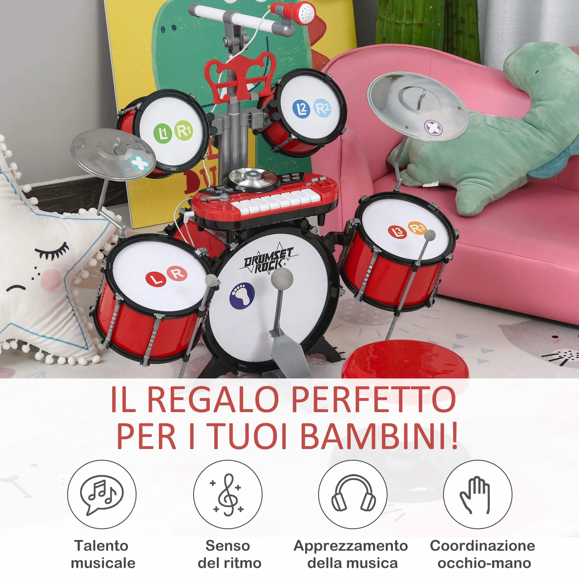HOMCOM Set Batteria per Bambini con Strumenti Musicali, Batteria Jazz con 5 Tamburi e Sgabello, Giocattolo Musicale Educativo per Bambini, Effetti Sonori e Microfono Giocattolo, 77.5x40x76.5cm, Rosso