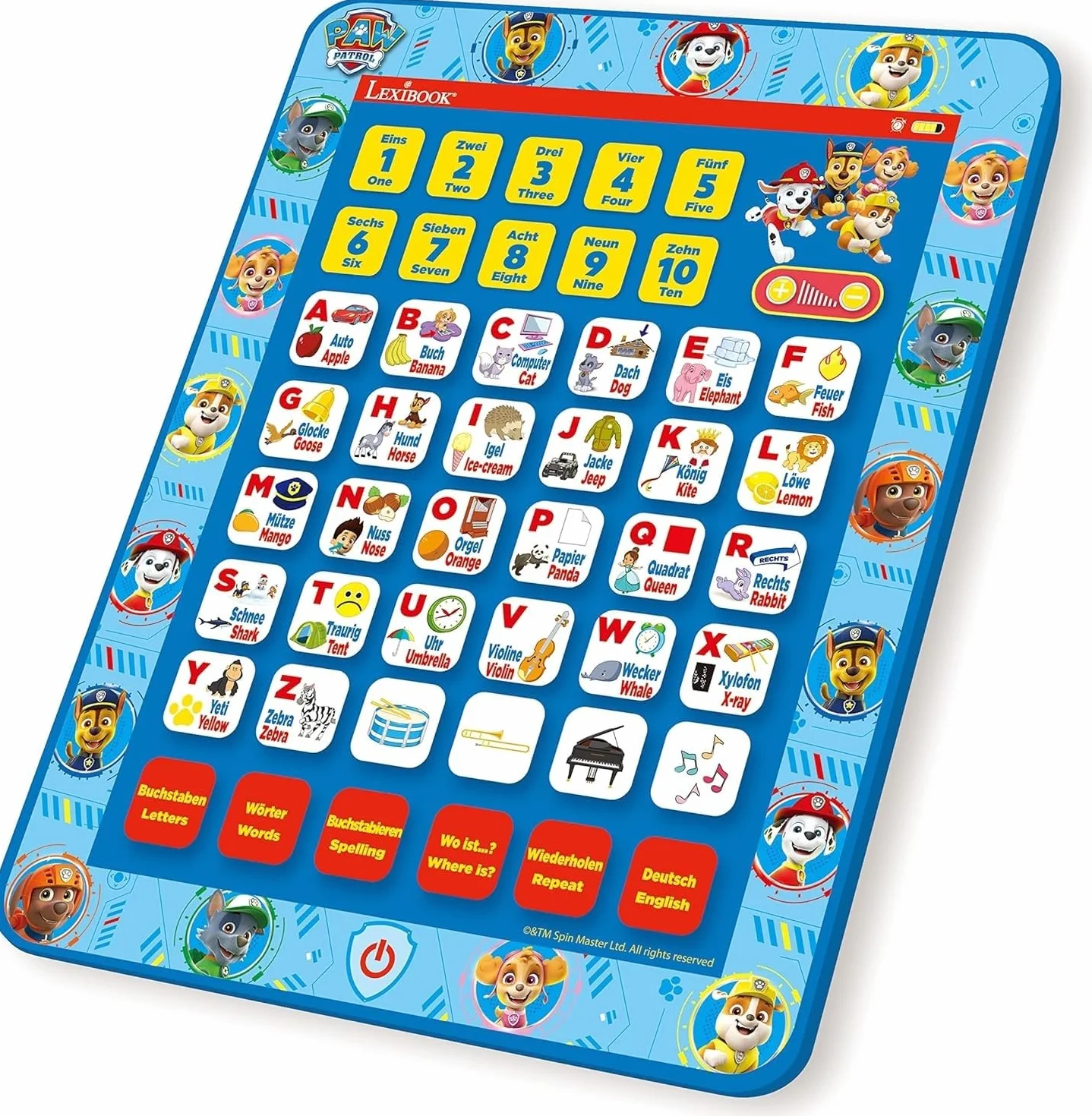 Lexibook Paw Patrol, JCPAD002PAi3, tavoletta educativa bilingue interattiva, Giocattolo per Imparare Lettere dell'alfabeto, Numeri, Parole, ortografia e Musica, Lingua Inglese/Tedesca, Blu