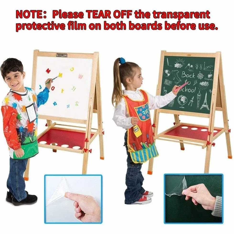 Cavalletto per Bambini a Doppia Faccia in Legno Lavagna Bianca in Legno Cavalletto in Altezza Regolabile con Carta Adesivi Accessori Vassoio di Stoccaggio per Bambini 3+ Anni
