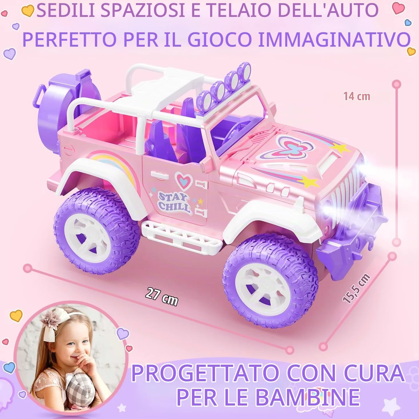 DEERC Rosa macchina telecomandata bambina con Nebbia Nebbia e Musica, 1:16 RC Auto con Luci a LED per Bambini, 2.4Ghz All Terrain SUV Camion Regali, Veicolo da Corsa Fuoristrada Giocattolo Auto, Gioca