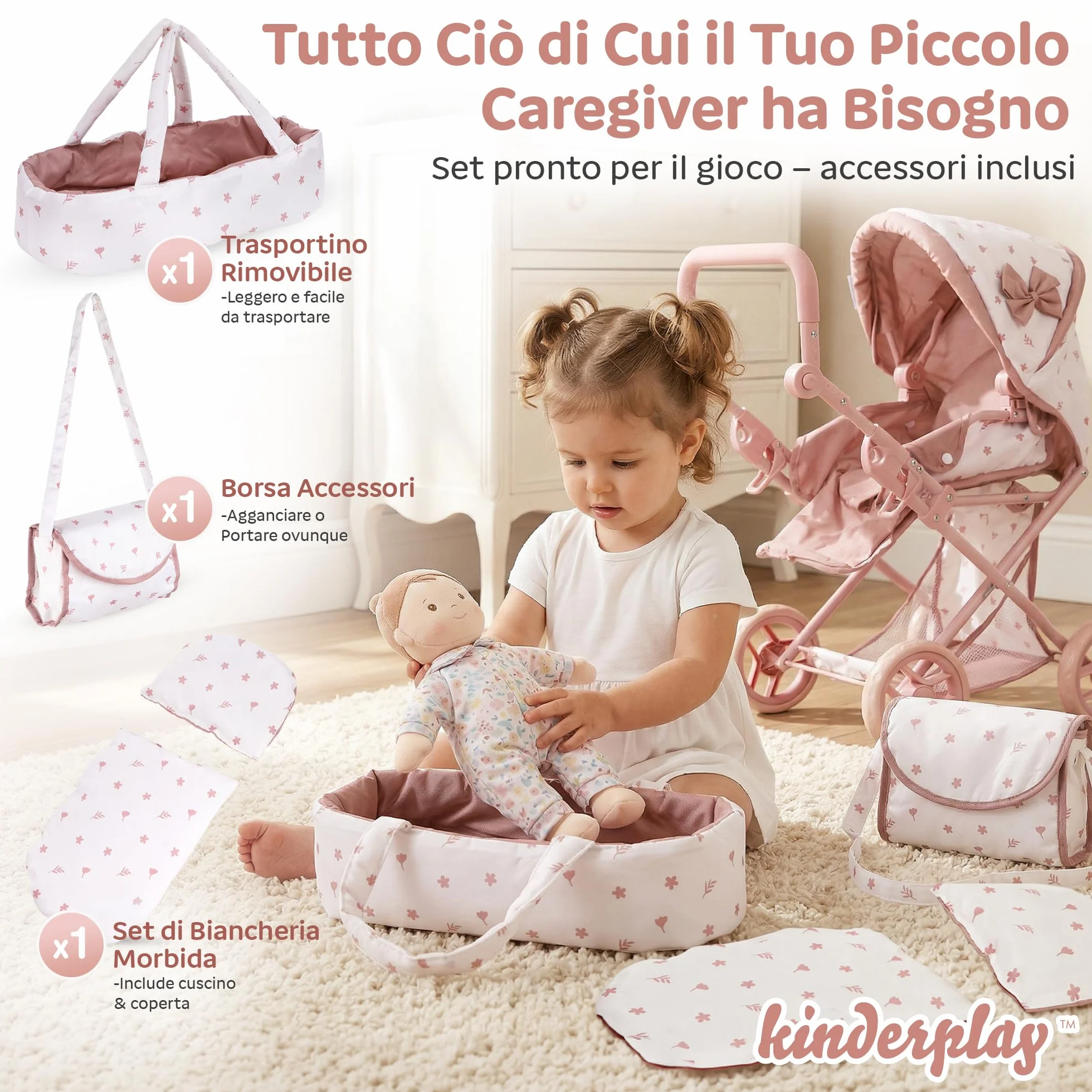 Kinderplay Passeggino per bambole 3 in 1 rosa con borsa per il trasporto – Passeggino regolabile in altezza 36,5 – 64 cm, pieghevole, ruote in schiuma silenziose, per bambole fino a 40 cm, dai 3 anni