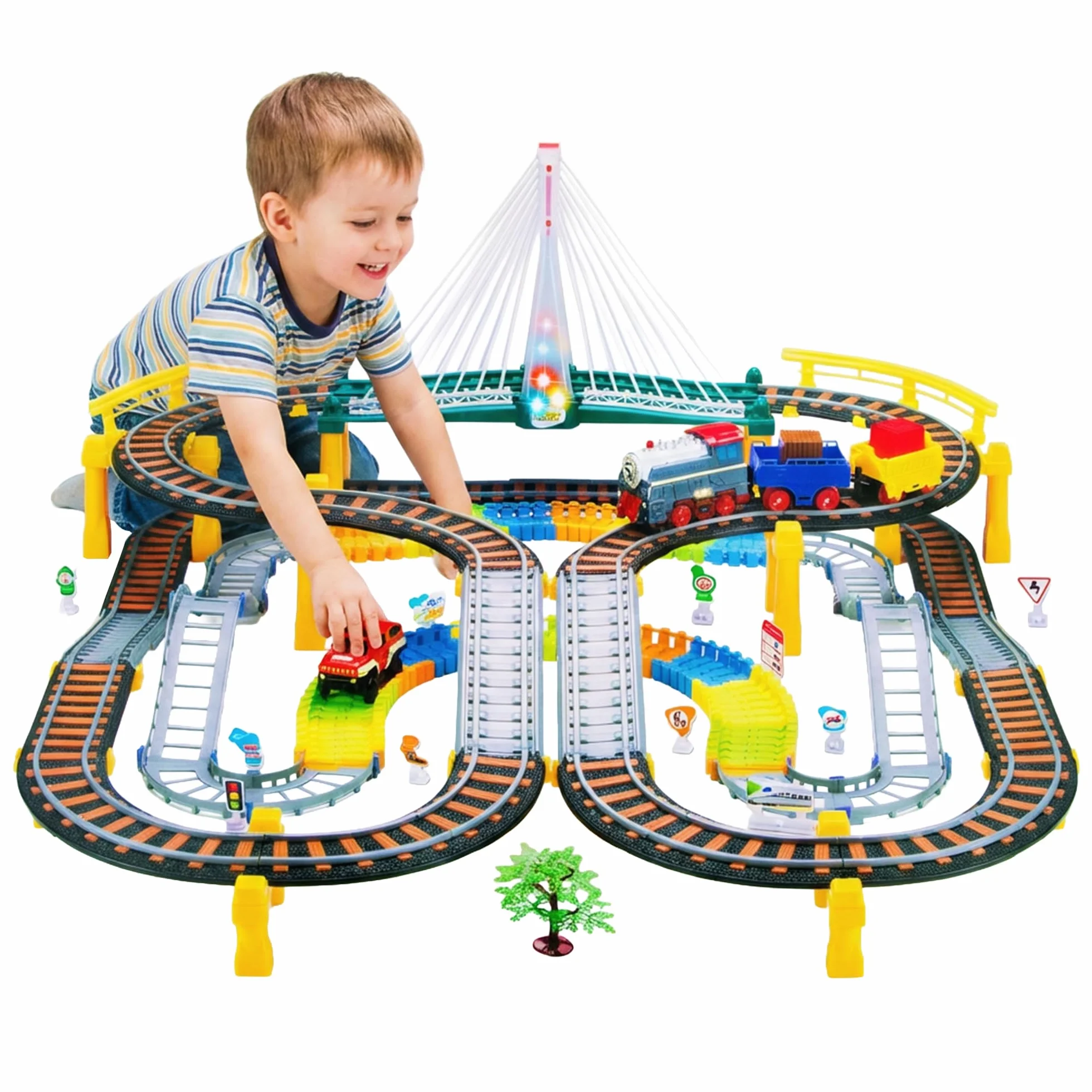 Kinderplay Trenino Elettrico per Bambini 2 in 1 con Pista da Corsa – Set 192 Pezzi con Luci e Suoni – Gioco Creativo 3+ – Binari 89x69 cm, Lunghezza Totale 700 cm, KP0635