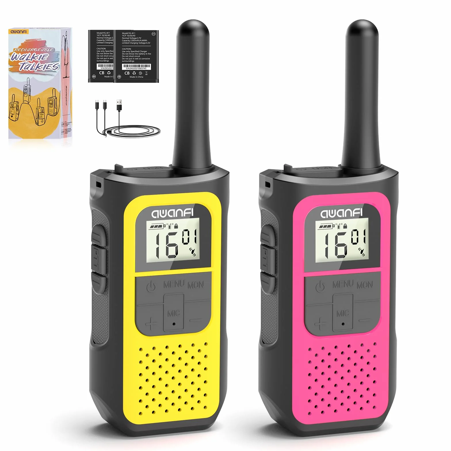 Walkie-Talkie Ricaricabili 1200mAh Batteria al Litio 16 Canali VOX Lungo Raggio per Bambini Adulti Campeggio Escursioni