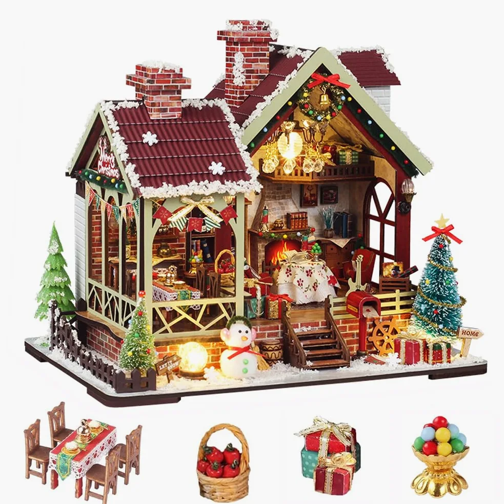 Kit fai da te per casa delle bambole in miniatura di Natale, kit mini casa delle bambole in legno per adulti, puzzle 3D in legno con LED, regalo di Natale e compleanno, decorazione per la casa per