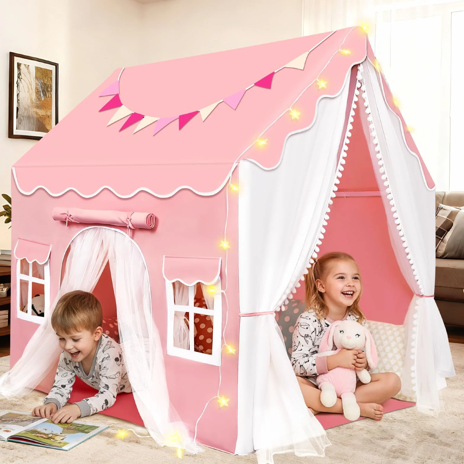 JONRRYIN 2 IN 1 Tenda per Bambini Cameretta, Tenda da Gioco con 2 Porte per Interni Esterni con Finestre, Luci LED e Bandierine, Tenda Letto Casetta Tenda per Bambini Regalo
