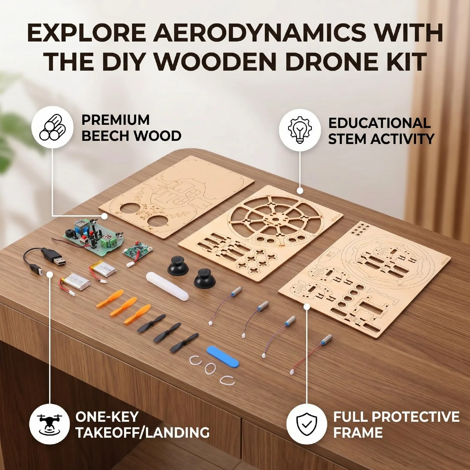 Annadue Kit di Costruzione Drone in Legno Fai da Te Puzzle 3D STEM RC Quadcopter con una Chiave di Decollo 3 velocità e Arresto di Emergenza Giocattolo Scientifico Educativo per Bambini