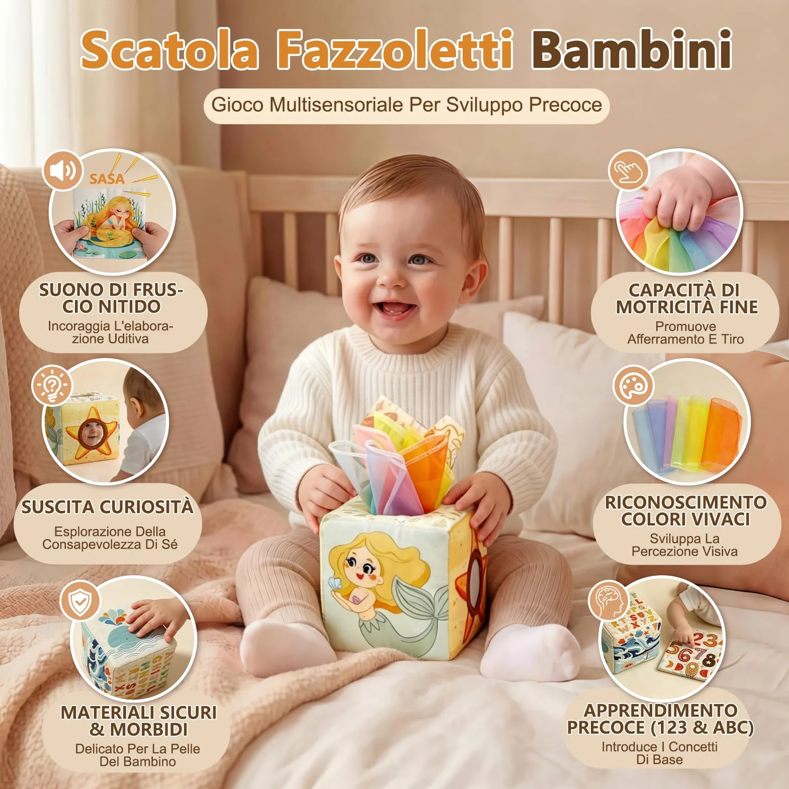 Anook Giochi Montessori 6 Mesi, 5 in 1 Giochi 6 8 10 Mesi Include Giochi Bambini Formine, Costruzioni Bambini 6 Mesi, Scatola di Fazzoletti, Giochi Sensoriali Neonato per Regalo Bimba Bimbo 6-24 Mesi