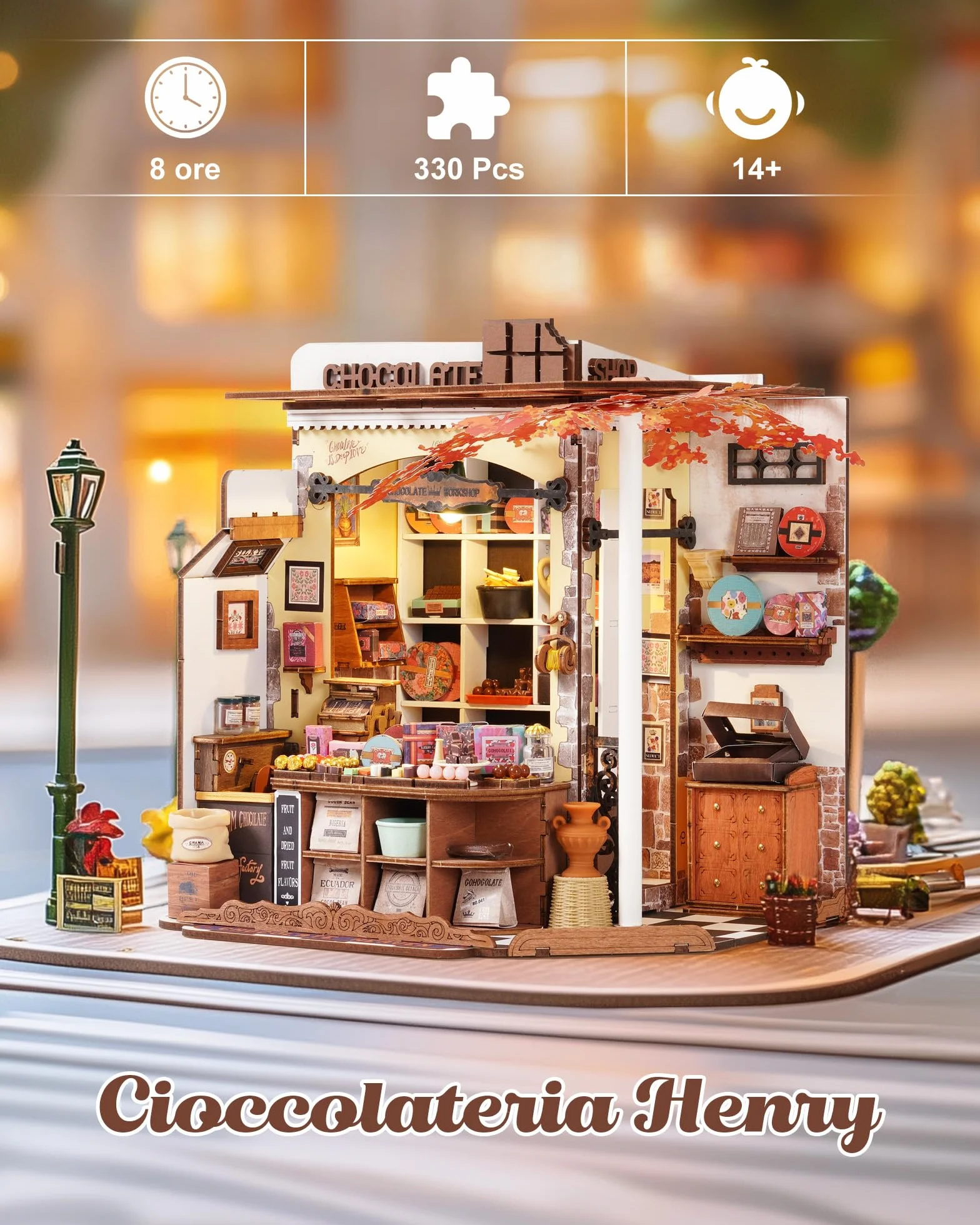 Rolife Miniature Casa Cioccolateria di Henry, 330 pezzi Kit Casa in Miniatura DIY, Modellismo da Costruire Adulti Casa delle Bambole in Legno Puzzle 3D per Adolescenti Nessun collante necessario