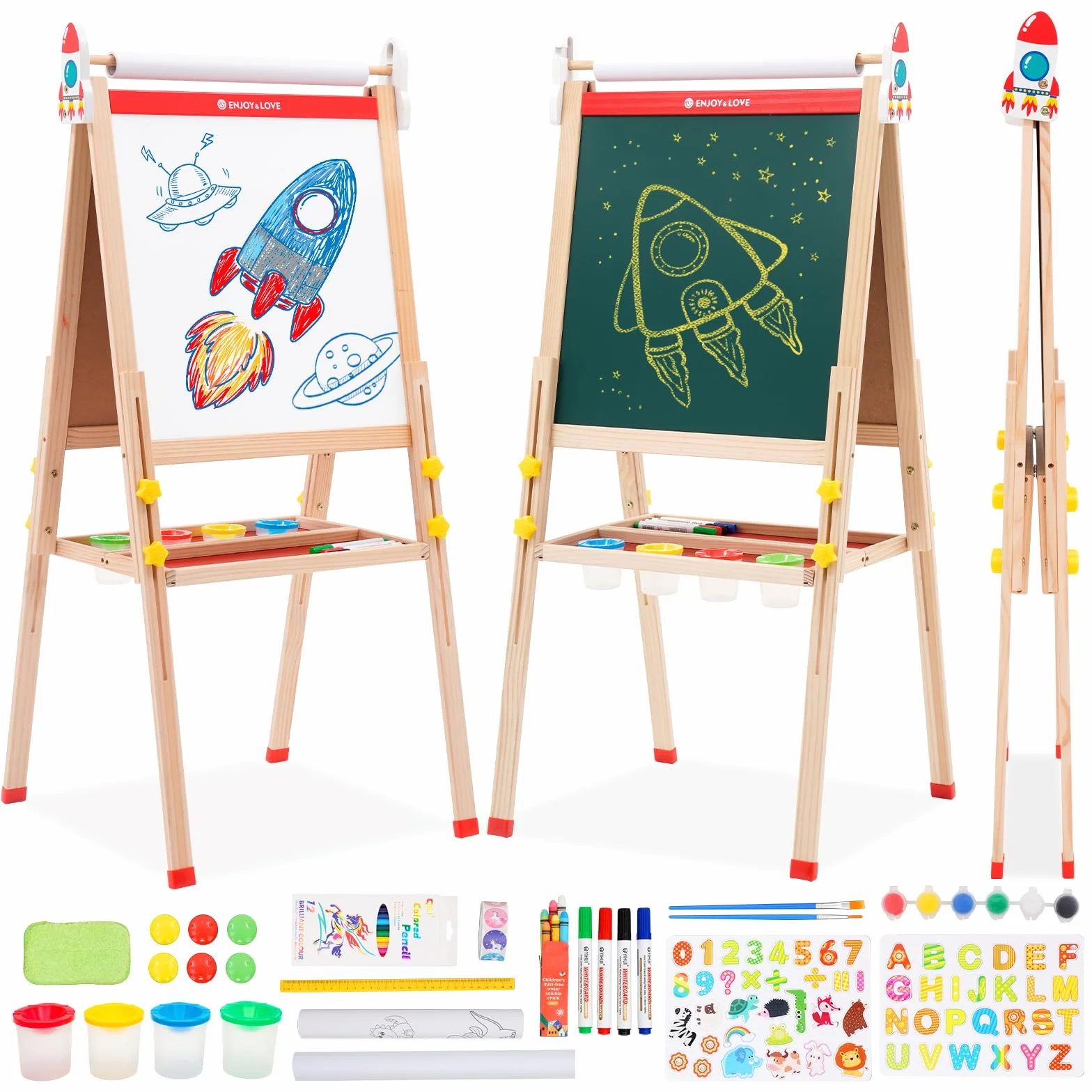 Cavalletto in Legno 2 in 1 per Bambini Lavagna Pieghevole Regolabile Altezza con Carta in Rotolo Colorabile 3-12 Anni