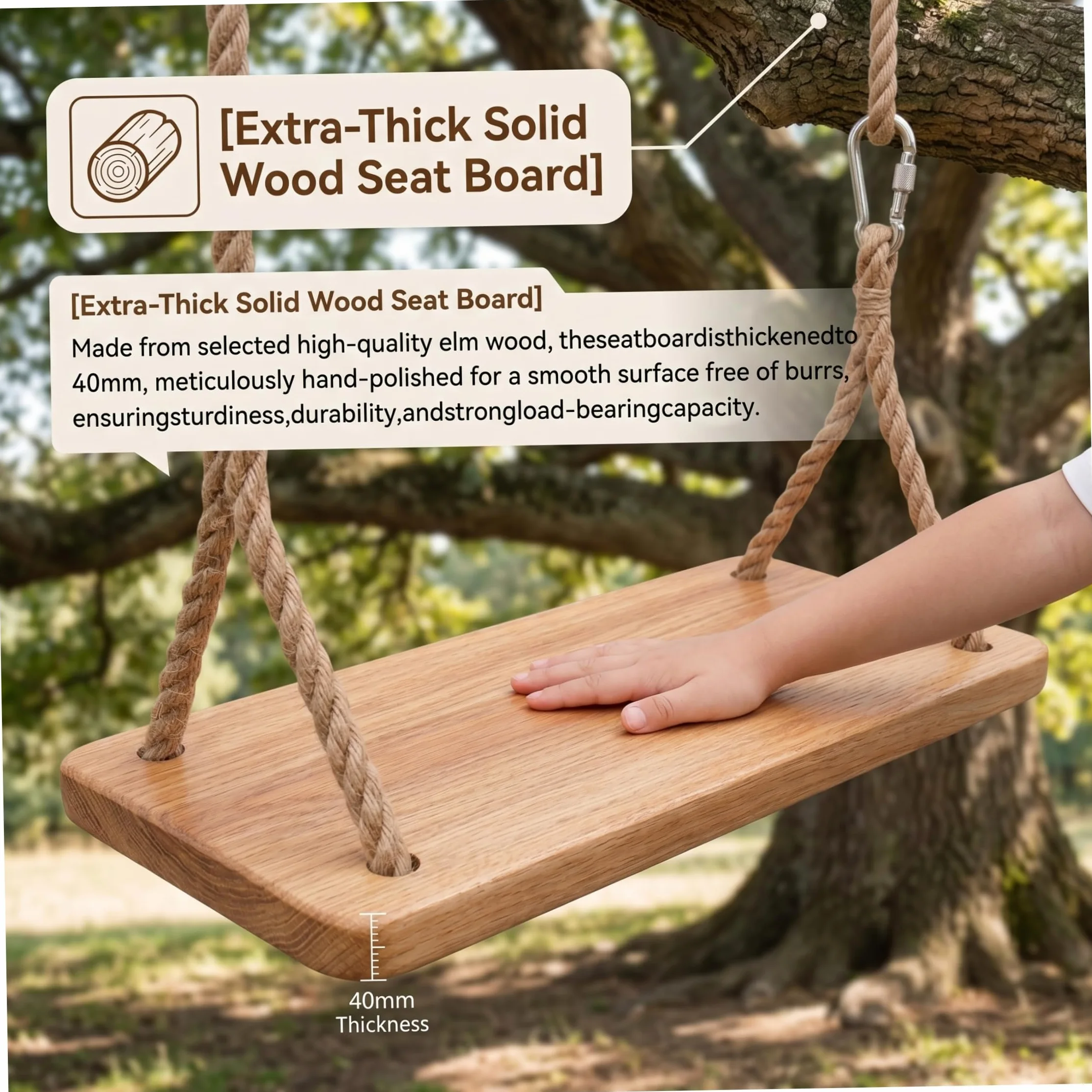 Altalena a trapezio, altalena in legno per esterni, legno di olmo spesso per bambini con corda resistente e parti metalliche, interno/esterno per bambini e adulti, sedile da 15, 75x6, 30 pollici con