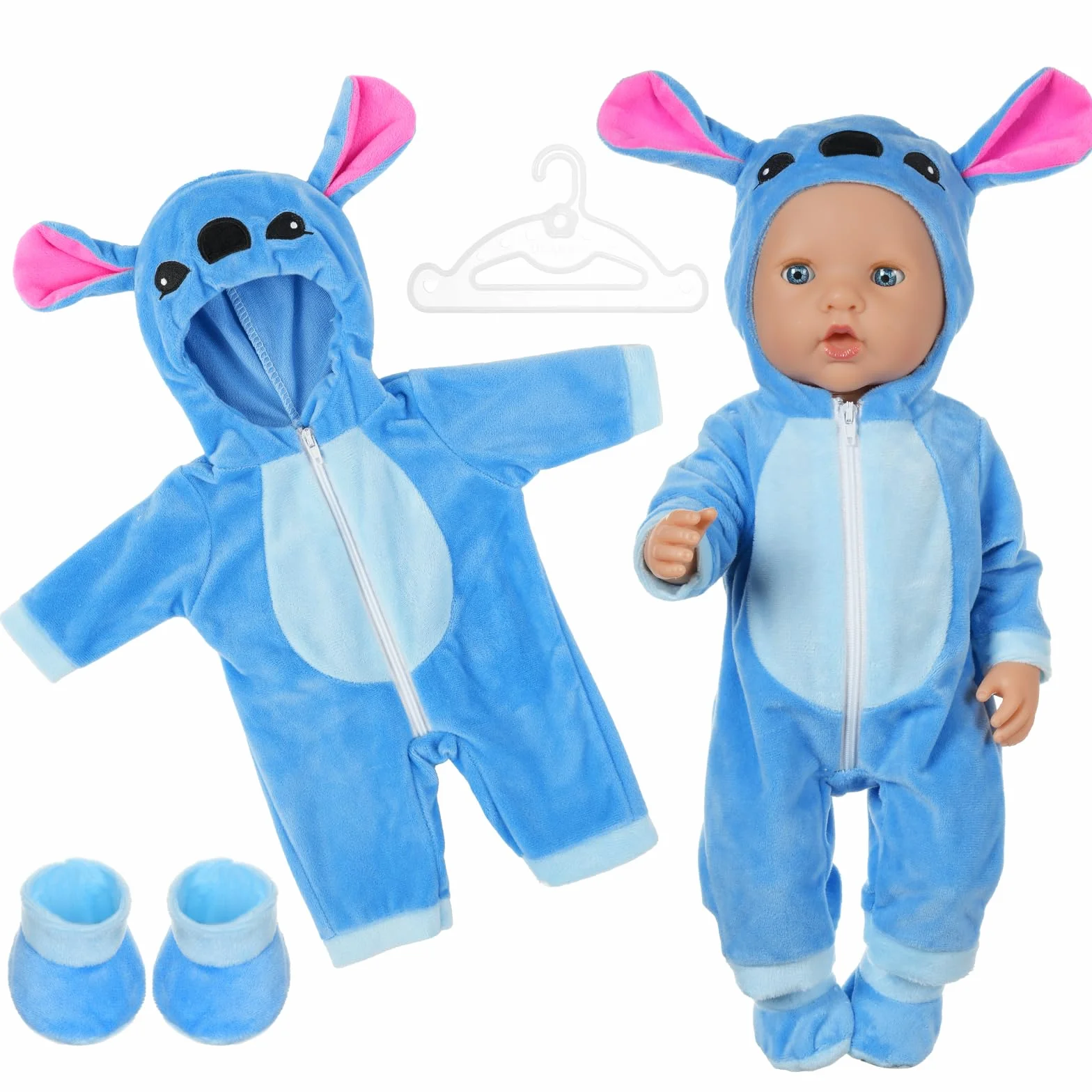 Aolso Vestiti per Bambole per New Born Baby Doll, Abiti per Bambolotti 35-45CM 18", Pagliaccetti Stampa con Cappello, con 1 Paio di Calzini e 1 Gruccia, Blu (Bambola Non Inclusa)