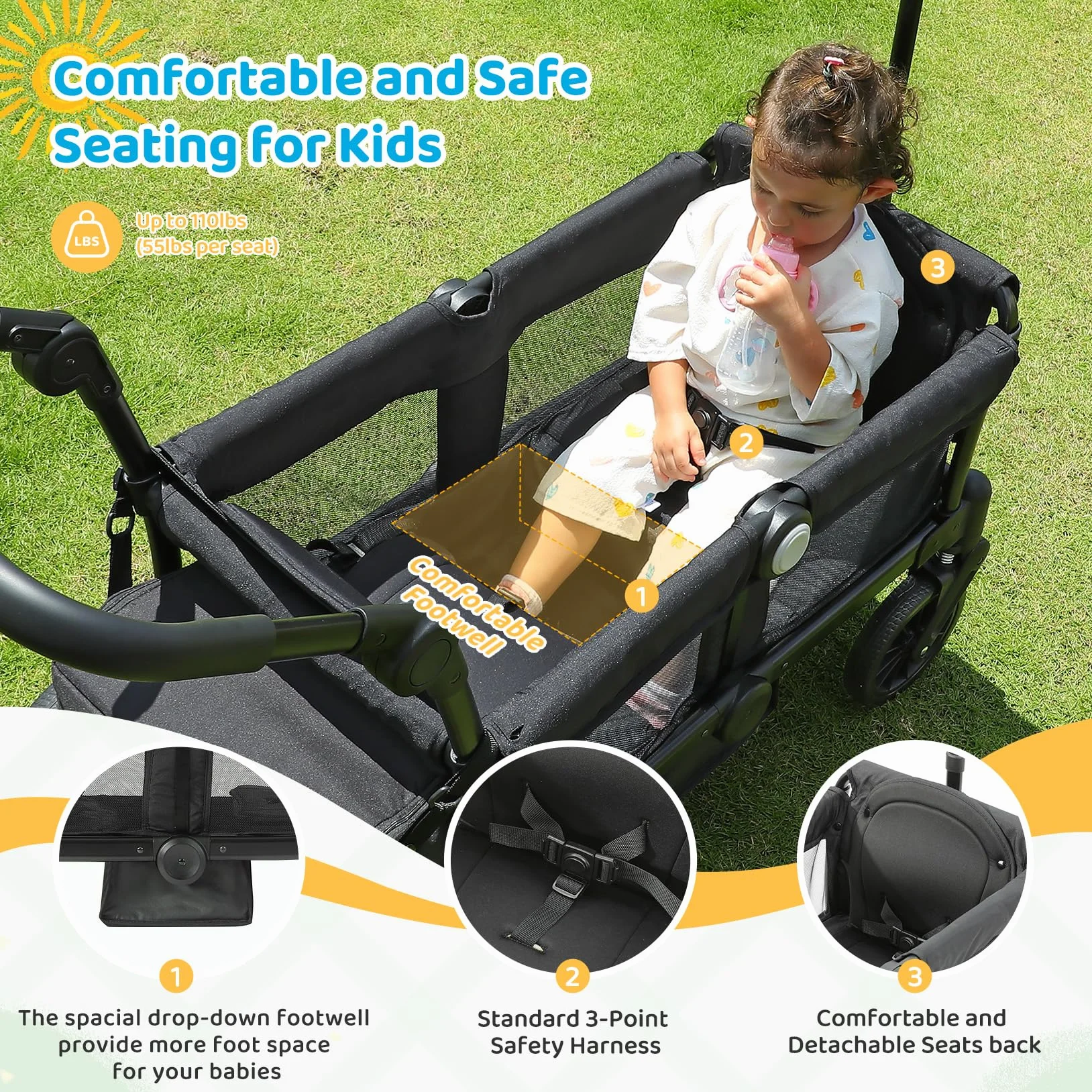 ELEMARA Passeggino per 2 bambino, passeggino pieghevole, carrello multiuso per bambino, carrello con tettoia rimovibile, maniglia regolabile, imbracature, grande borsa