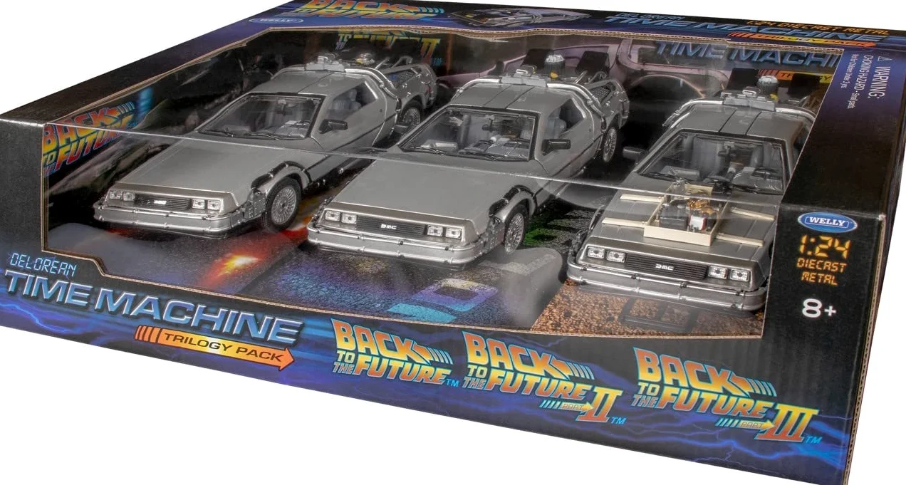 Welly Diecast Car Models Back To The Future 1, 2, 3 Trilogy Delorean Time Machine Set auto, scala 1/24, Argento, 22400-3G