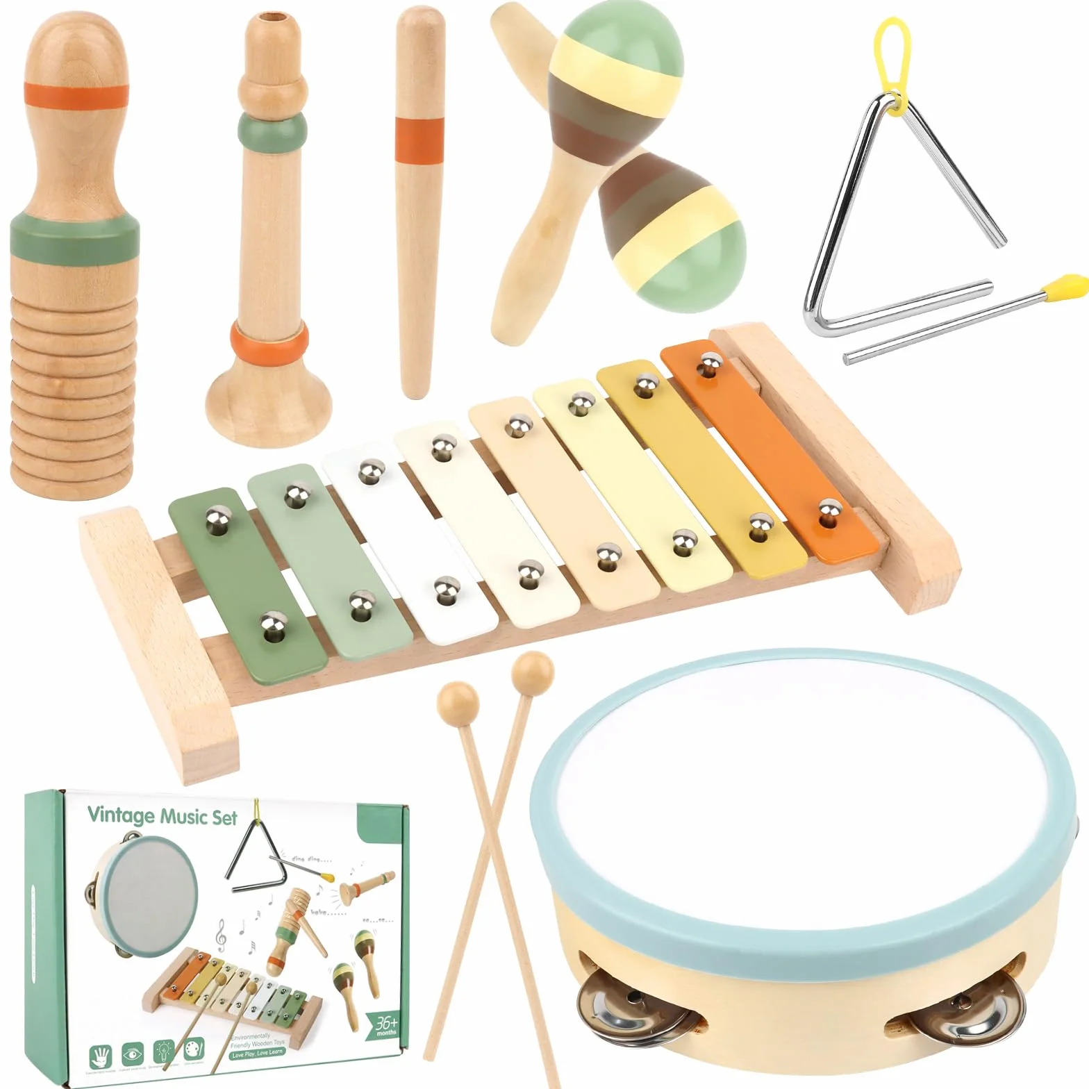 Strumenti Musicali Bambini, 6 in 1 Giochi Legno Montessori Sensoriale, Strumenti Musicali Percussioni in Legno - Tambourine Percussioni per Bambini con Tamburo, Xylophone , 3 4 5 6 Anni