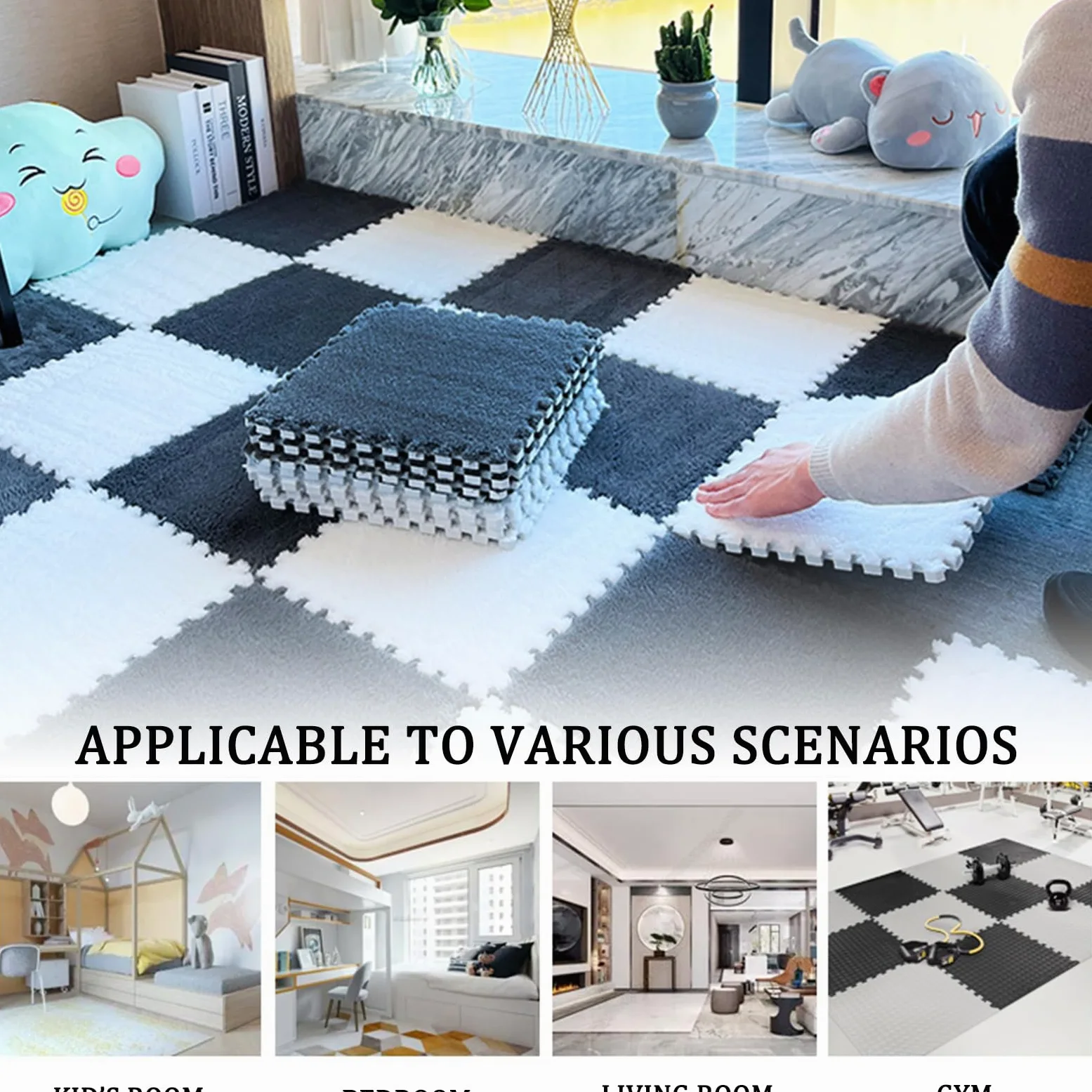 Tappeto Quadrato in Peluche Splice Interlocking Carpet, 10 Pezzi Tappeto Quadrato in Schiuma ad Incastro, Tappeto Morbido Antiscivolo ad Incastro, Tappeto in Schiuma di p,Gray+Apricot