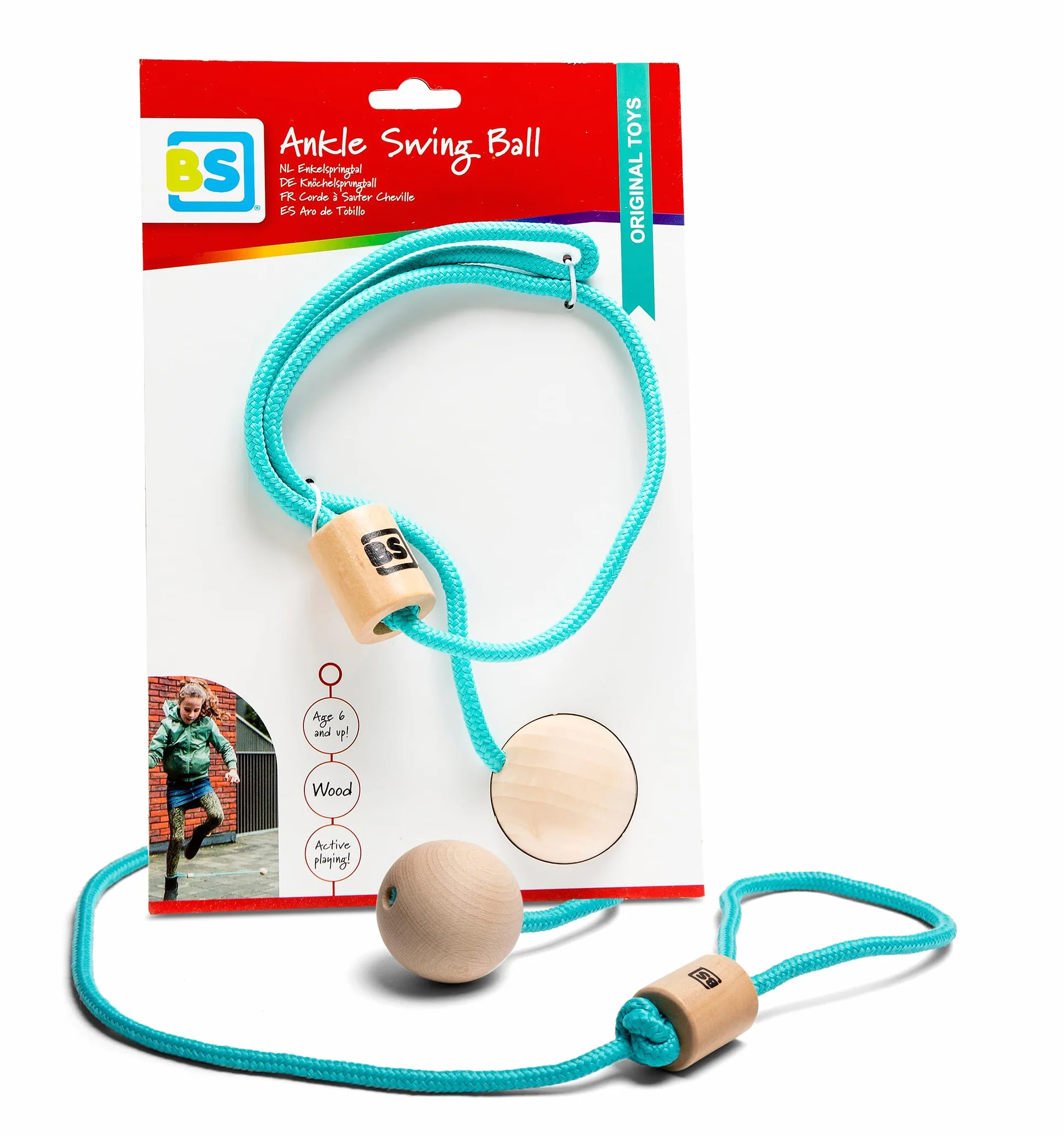 BS Toys Palla per Saltare alla Caviglia, Ideale per Esterni, per Giochi retrò, in Legno, per Bambini dai 6 Anni, Gioco Attivo, Blu, Lunghezza Corda 75 cm