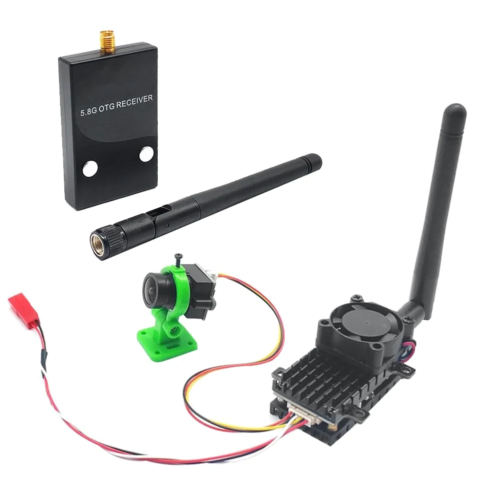 2W Trasmettitore Wireless FPV 2000MW 48CH + Ricevitore + Videocamera 1000TVL in Metallo Nero e Plastica per Droni da RC FPV