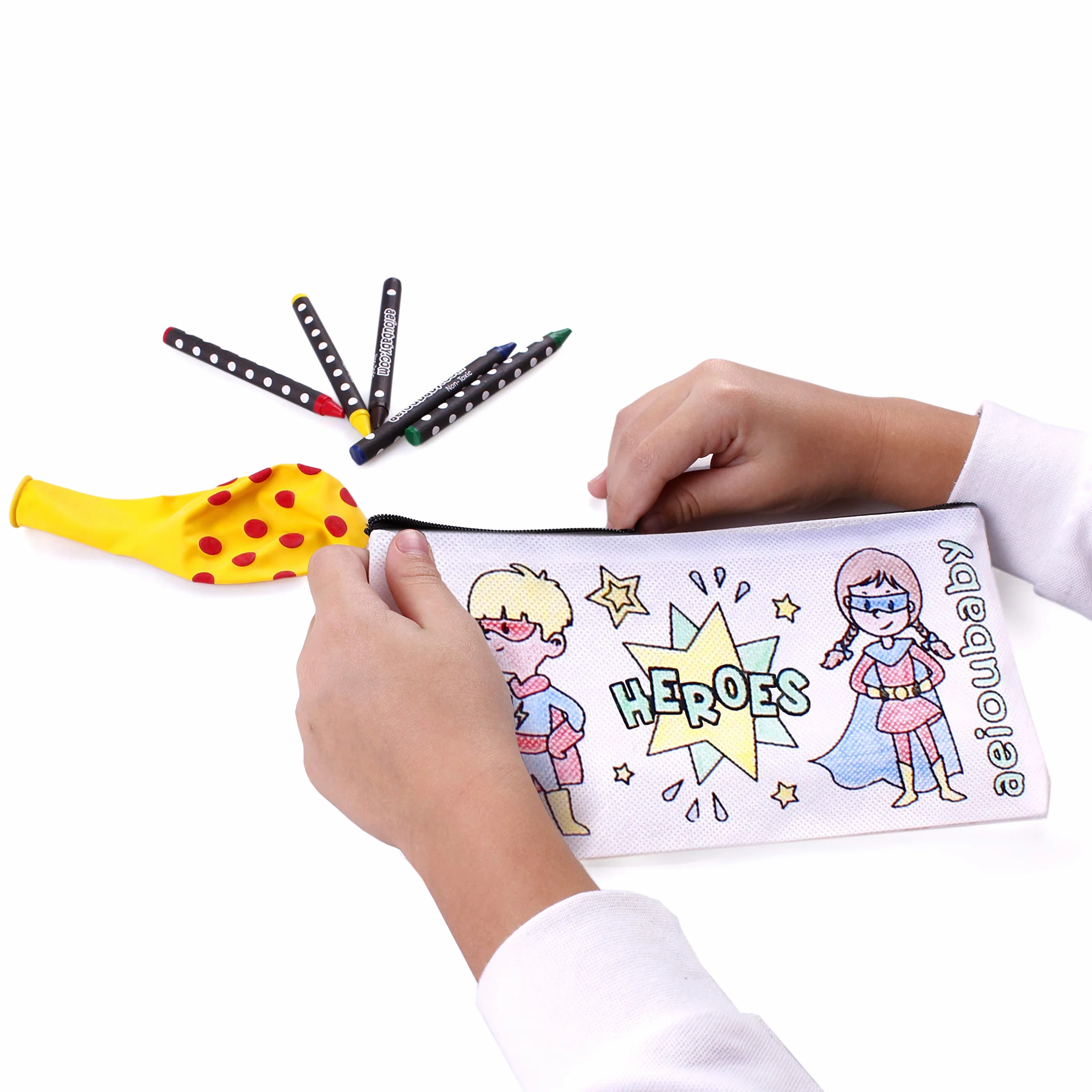 aeioubaby.com 25 Astucci da Colorare + Borsa Riutilizzabile | Bustine singole con 5 Colori a Cera e un Palloncino | Regalo per bambini per le feste e i compleanni (Eroi)