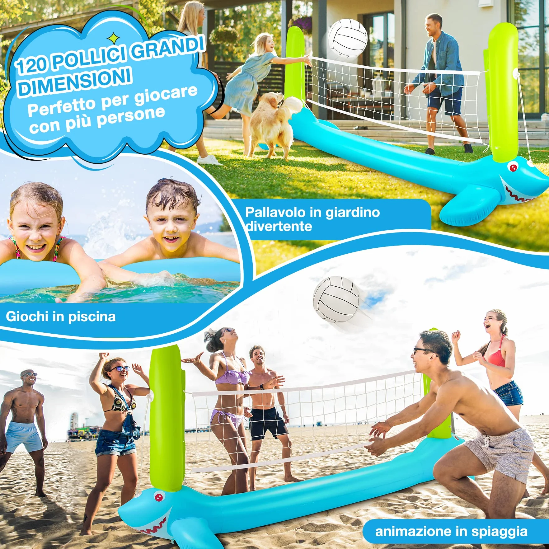 Volley Galleggiante Piscina Gonfiabile Include Rete da Pallavolo e Cerchi da Basket, Bambini Adulti (304 x 110 Centimetri)