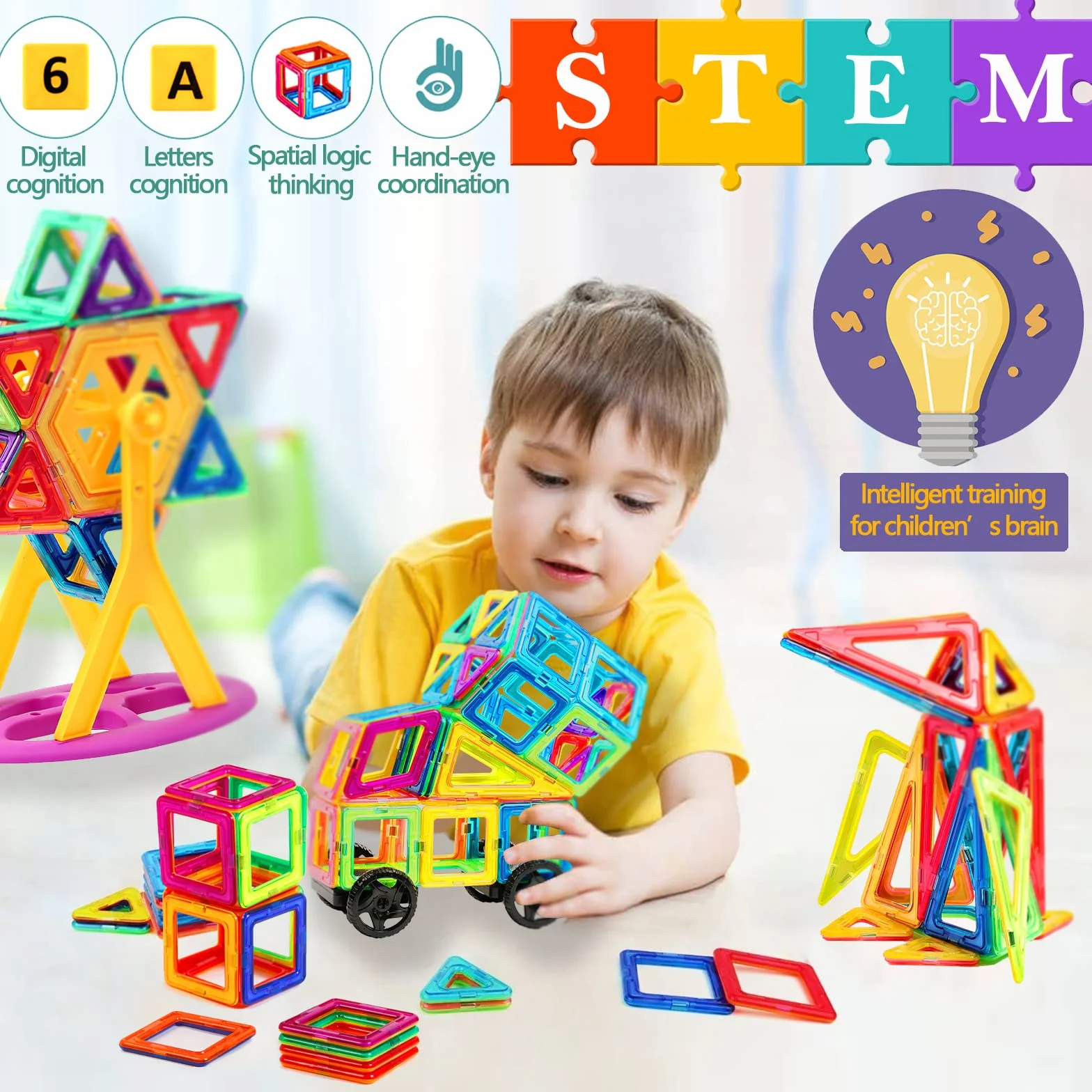 Costruzioni Magnetiche Bambini 68 Pezzi, Blocchi Magnetici STEM Montessori Giochi Educativi per Bambini dai 3 Anni