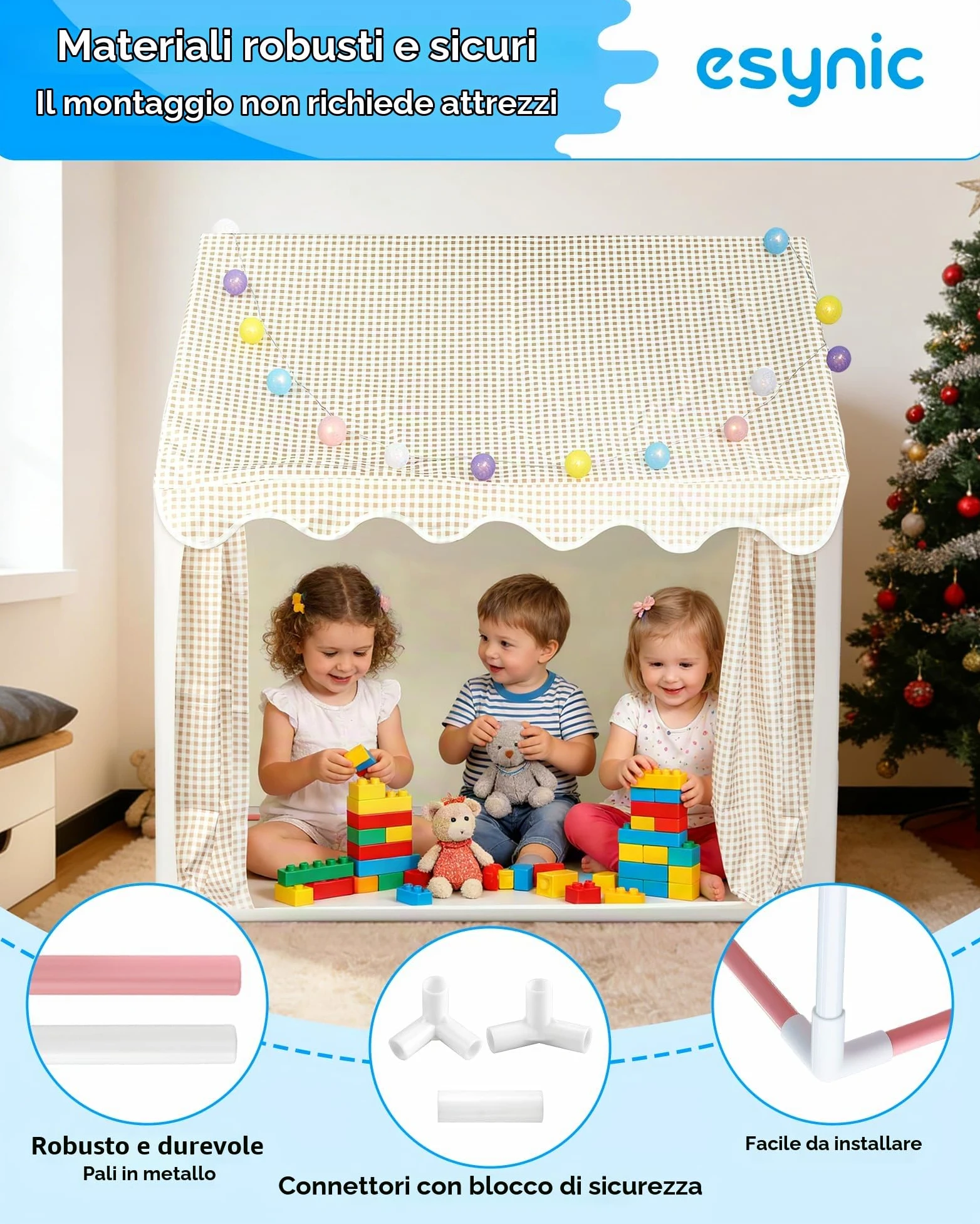 eSynic Tenda da Gioco per Bambini con Luci LED Decorative, Casetta Stanza di Attività Giochi con 2 Finestre per 2-3 Piccoli, Angolo da Lettura Studio, Facile da Montare - Beige a Quadri