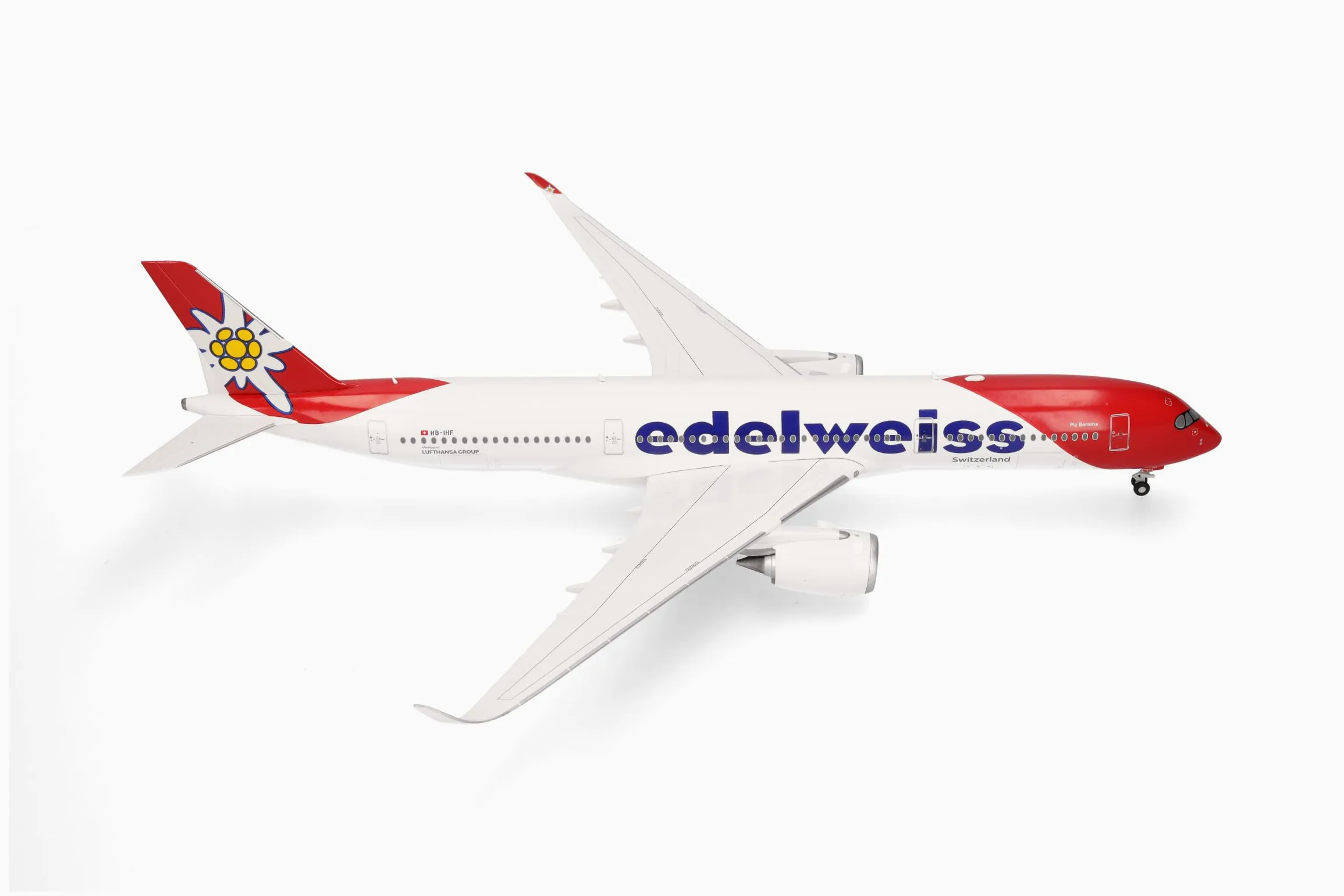 Herpa Modellino aereo Edelweiss Air Airbus A350-900 – HB-IHF "Piz Bernina", miniatura in scala 1:200, da collezione, senza supporto, in plastica
