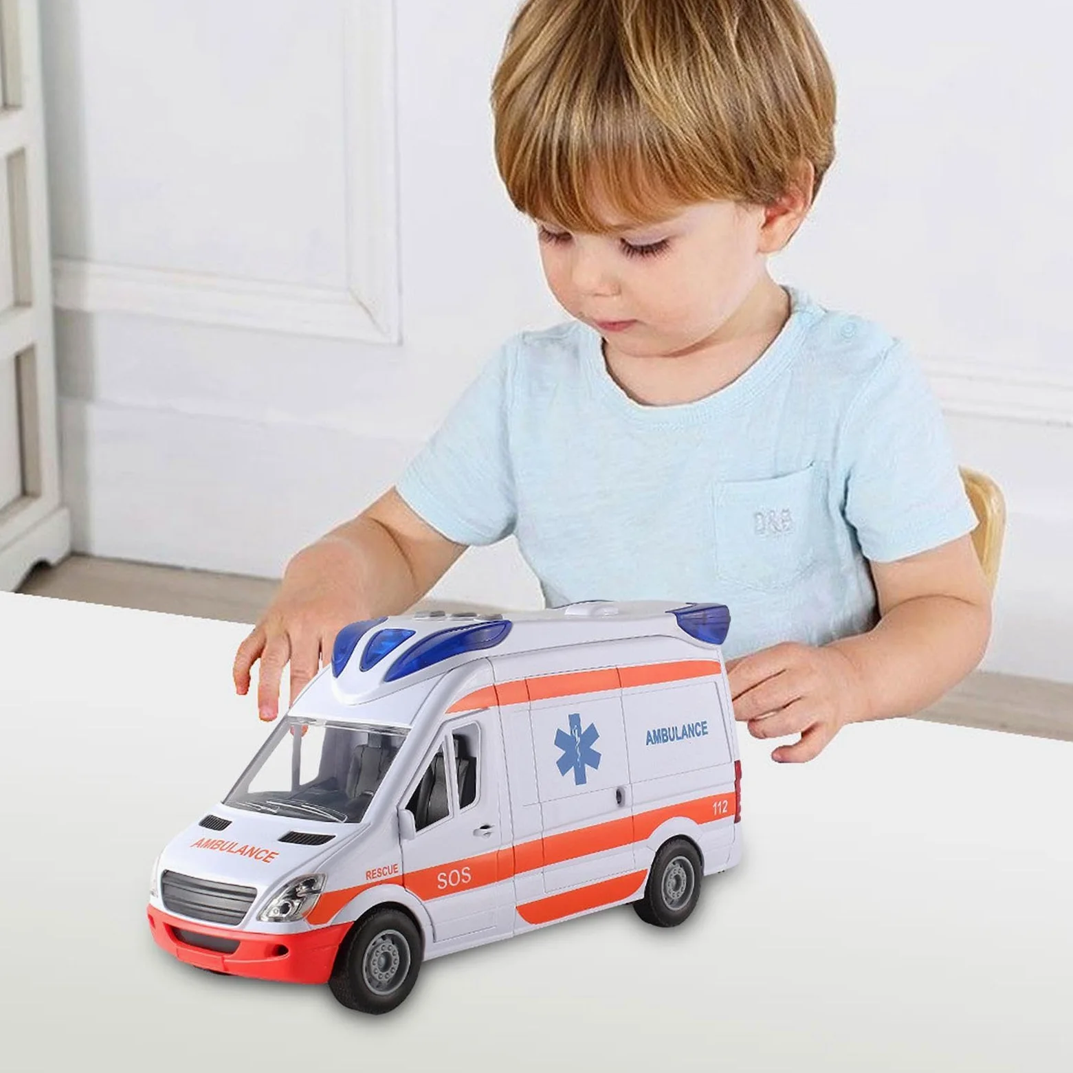 Ambulanza con auto giocattolo - Grande porta posteriore che può essere aperta con barella - 30 cm - Veicolo di salvataggio medico, furgone di emergenza con luce e suono, di ruolo per bambini d