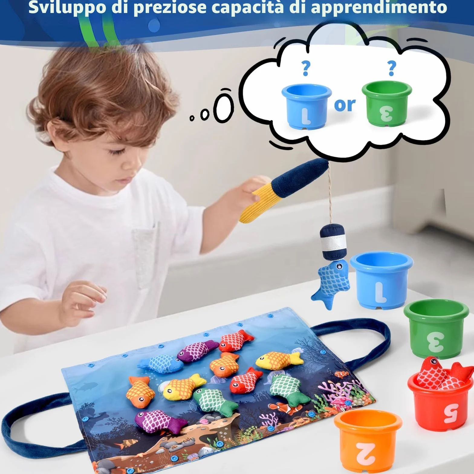 Gioco Montessori Pesca per Bambini 1-3 Anni - 12 Pesci Morbidi con Retino, Giocattolo Educativo per Sviluppo Motricità Fine e Coordinazione, Neonati 12-18 Mesi e Bambini