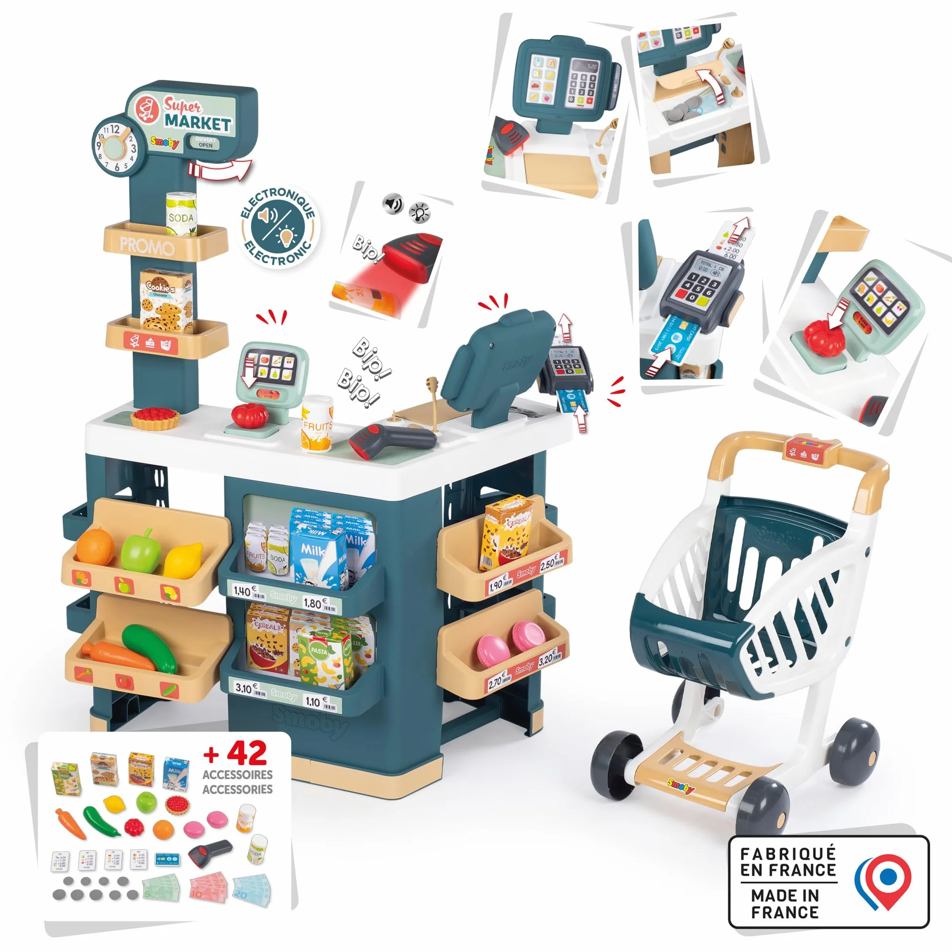 Smoby - Supermercato - Carrello della spesa per bambini - Carrello della spesa incluso - Bilancia meccanica - Funzioni elettroniche - 42 accessori - Dai 3 anni - Prodotto in Francia